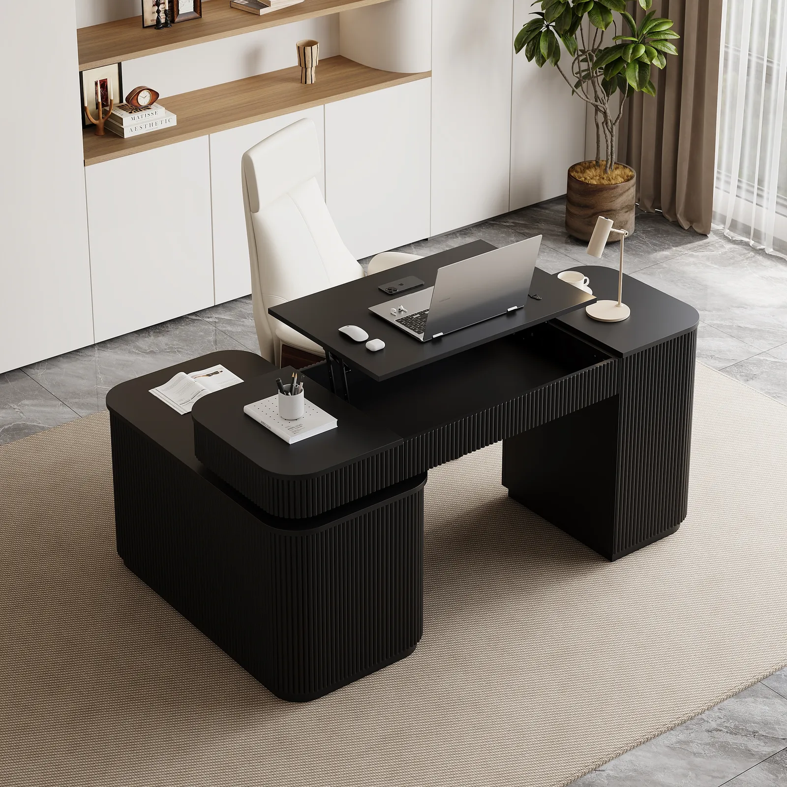 Modern 65" L-Shape Black Executive Desk with Lift-Top, Drawers & Cabinet, Right Hand