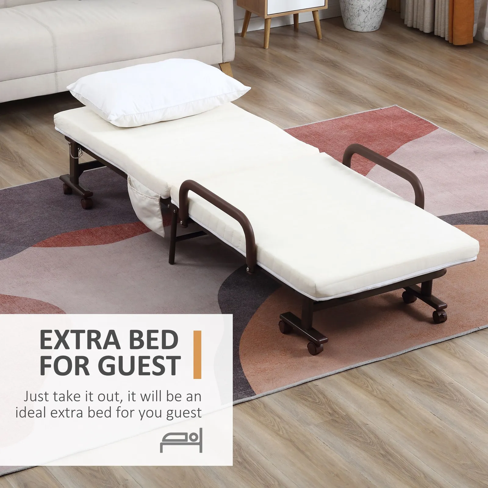 HOMCOM Folding Bed with Mattress Guest Bed with Adjustable Backrest & Wheels in White 4