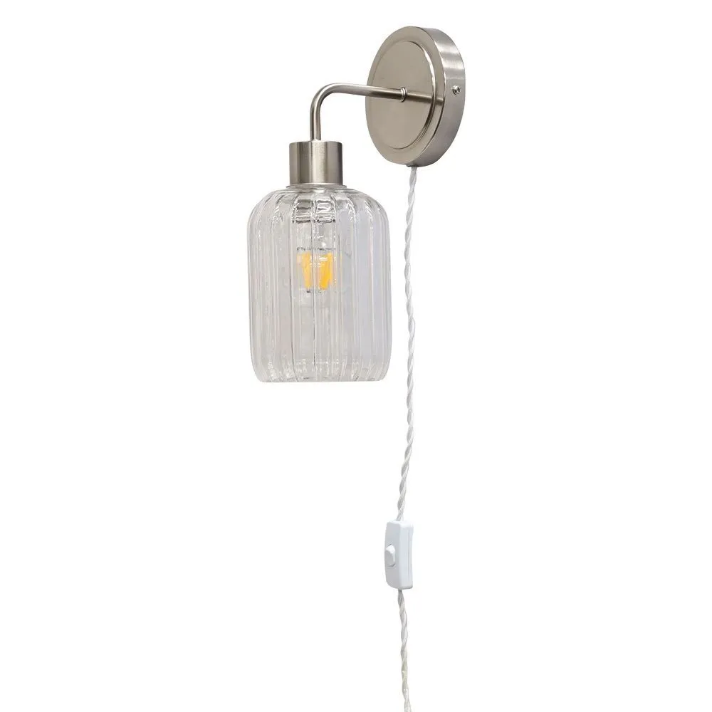 First Choice Lighting Toby - Satin Nickel Plug in Wall Light with Lozenge Ribbed Glass Shade in Silver