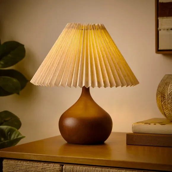 Mid Century Wooden Table Lamp with Pleated Shade 2