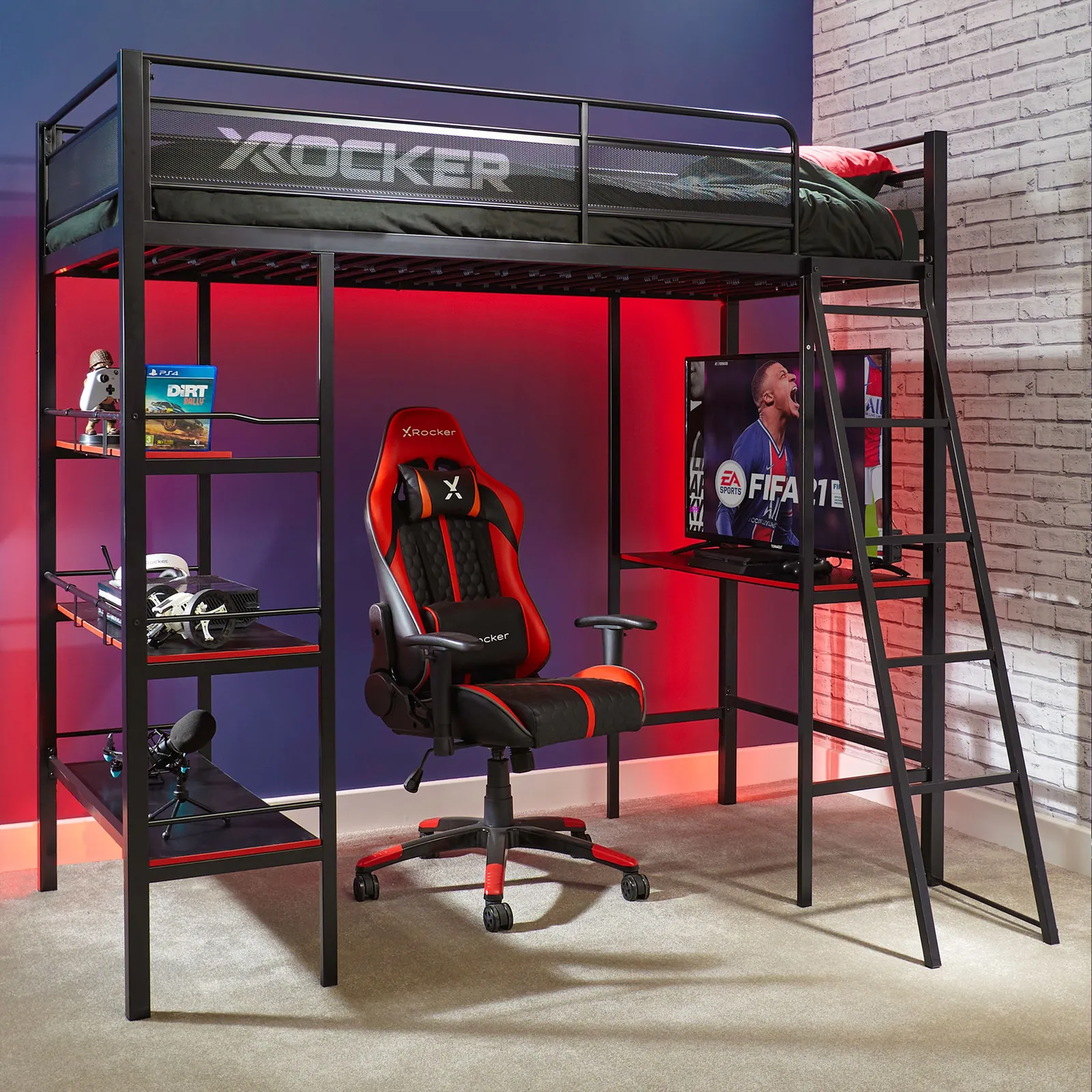 X Rocker Fortress High Sleeper Bunk Bed with 3 Shelves & Desk in Black
