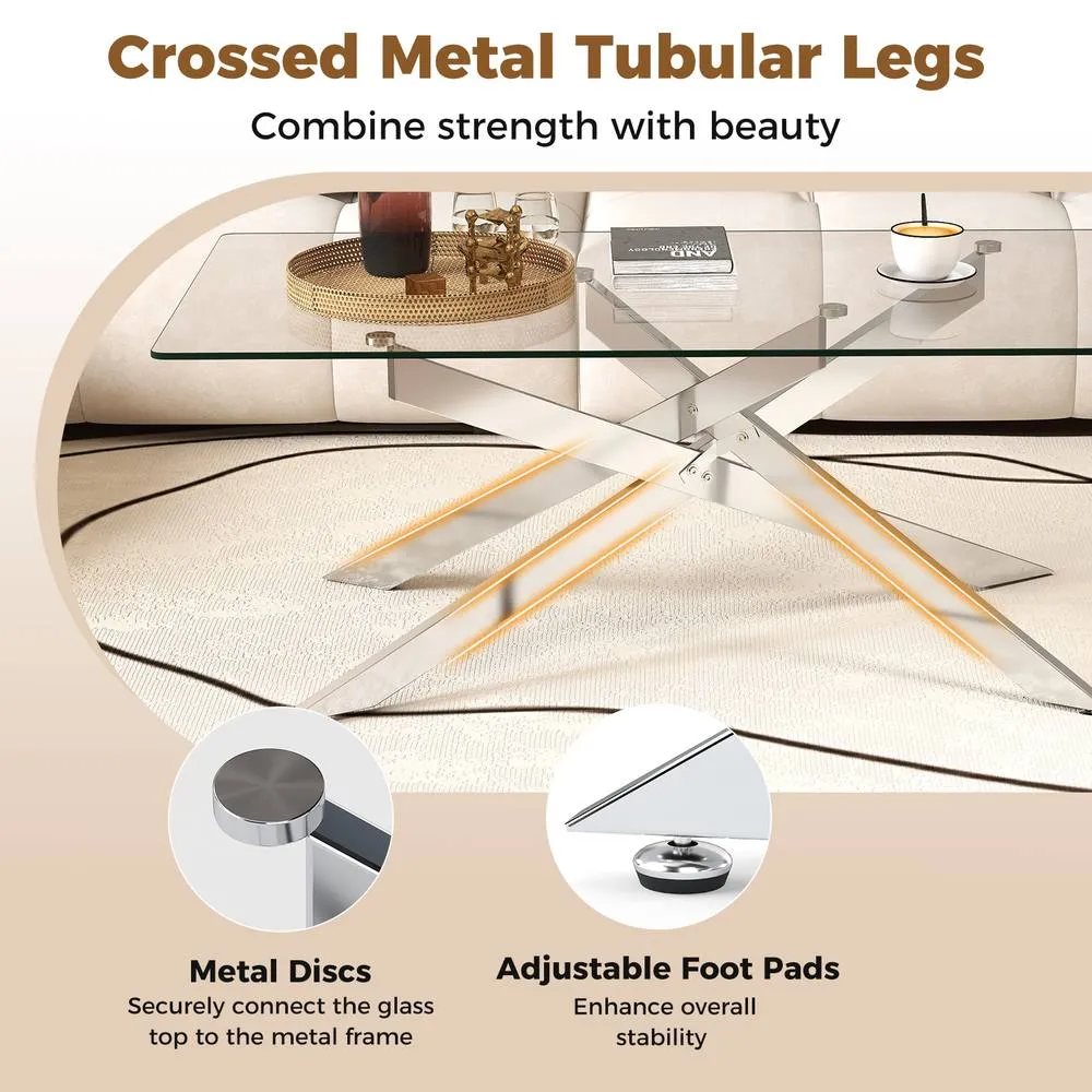 Costway Modern Glass Coffee Table Rectangle Center Cocktail Table Side Table in Silver 4