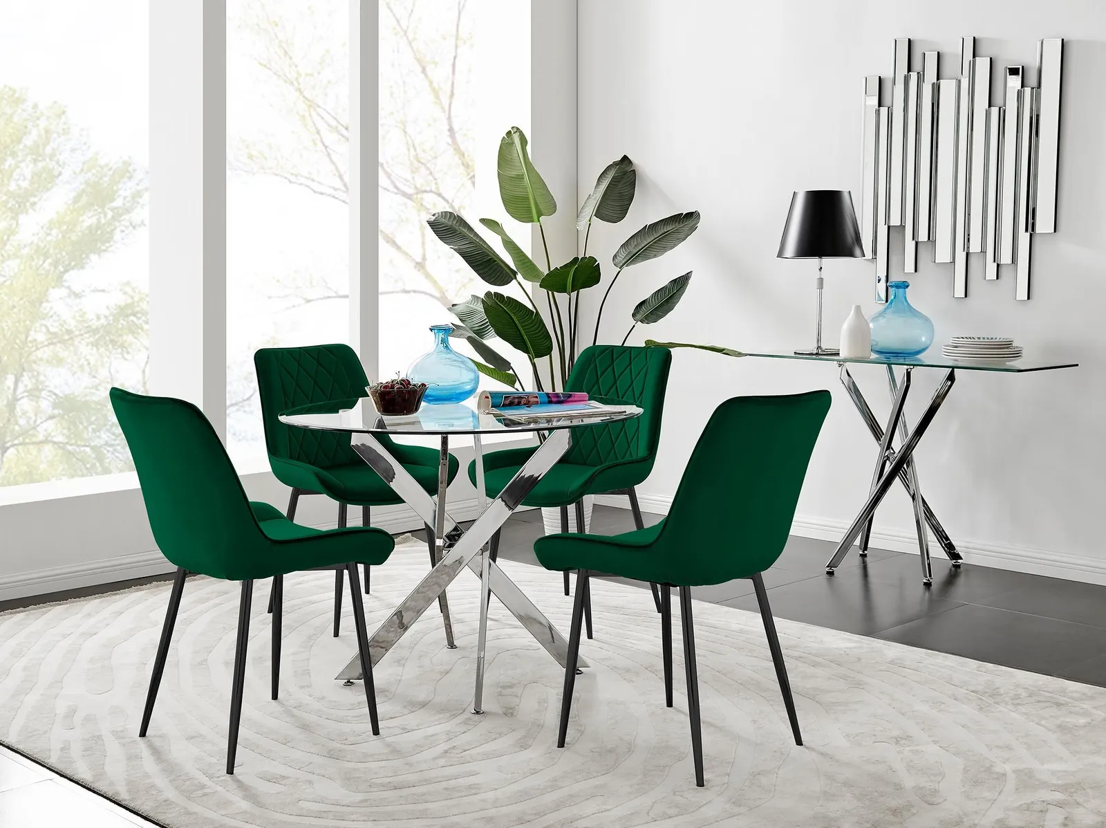 FurnitureboxUK Novara 100cm Round Dining Table & 4 Pesaro Black Leg Chairs in Green