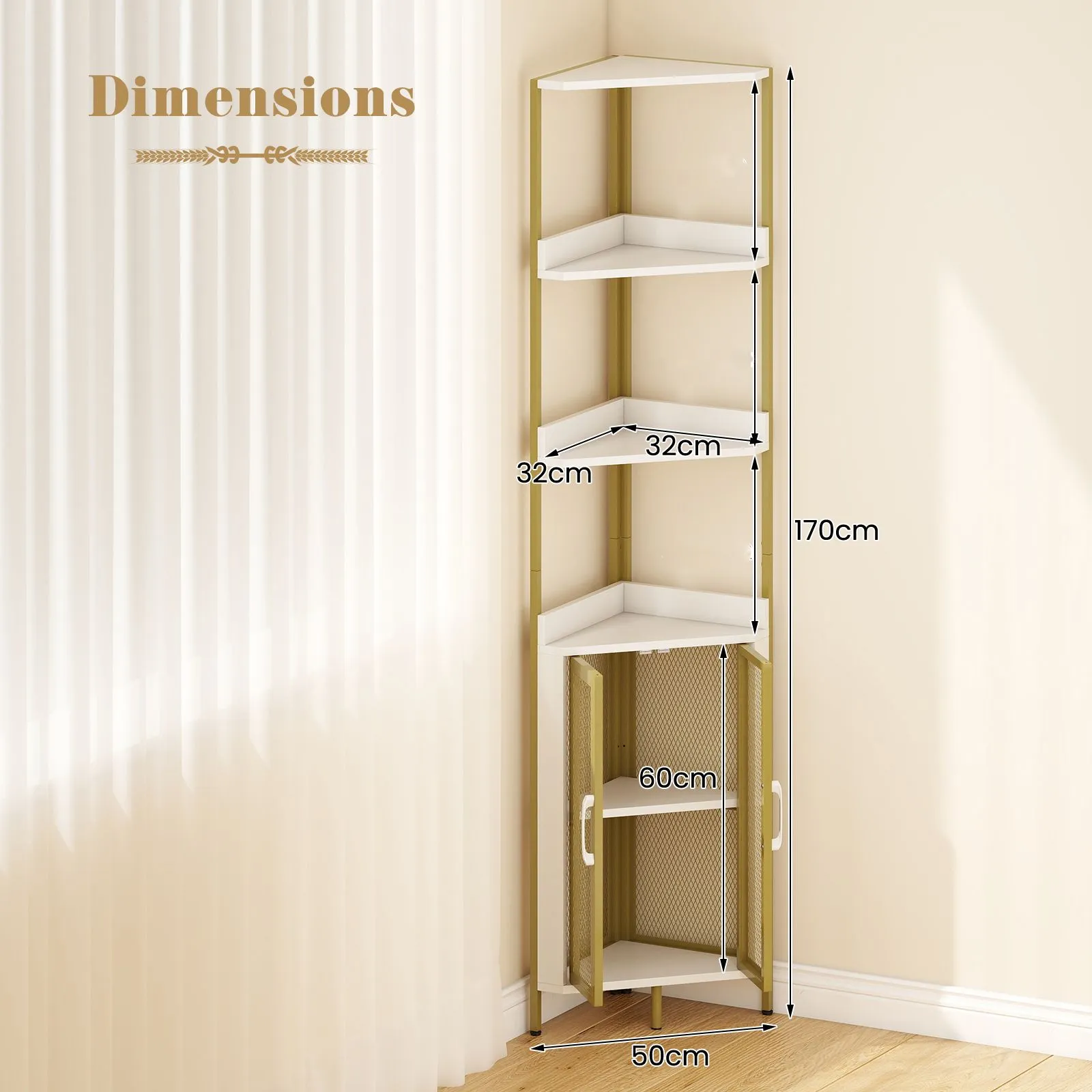 Costway 6-Tier Corner Shelf Industrial Bookcase Display Shelf w/ Cabinet in White 2