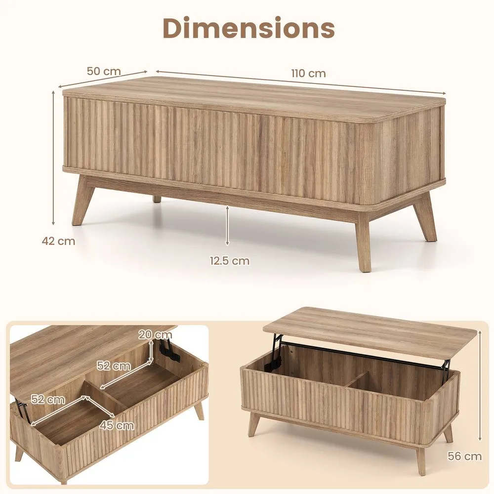Costway Fluted Lift Top Coffee Table 110CM Rectangle Wooden Center Table in Light Brown 2