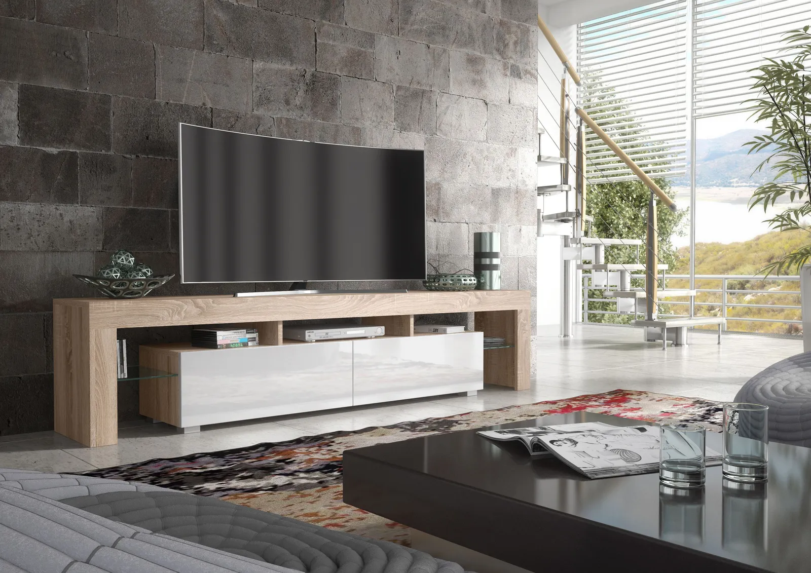 Creative Furniture TV Unit 200cm Modern - Oak with High Gloss White Doors in Light Oak 2