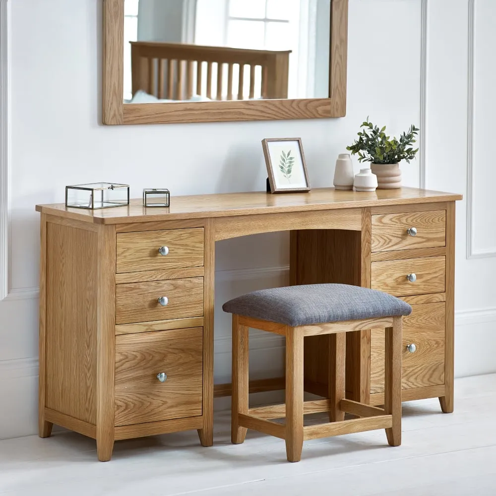 Mallory – 6-Drawer Double Pedestal Dressing Table and Stool – Oak/Grey – Wooden/Fabric - Happy Beds
