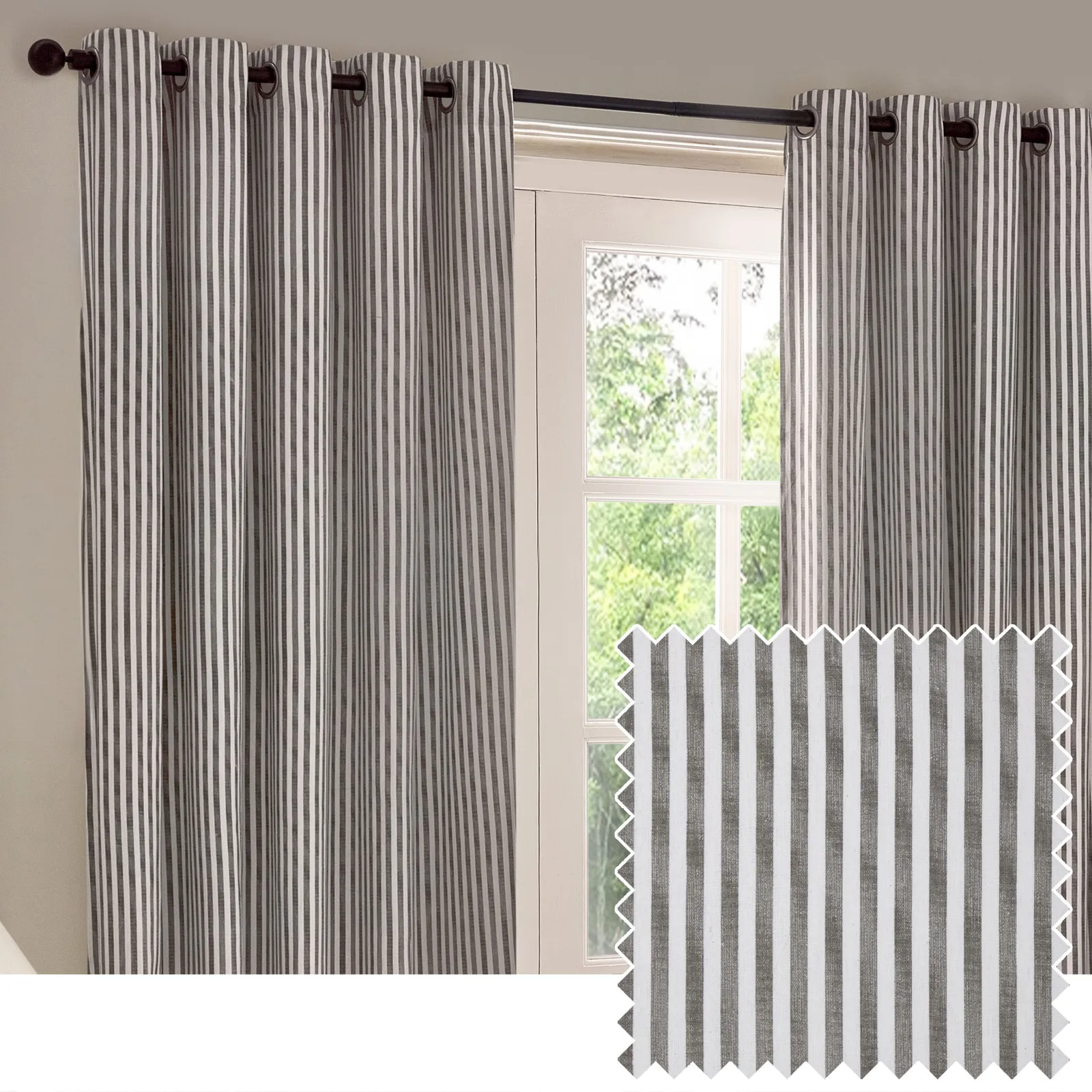 Yard Hebden Striped 100% Cotton Lined Eyelet Curtain Pair in Grey 1
