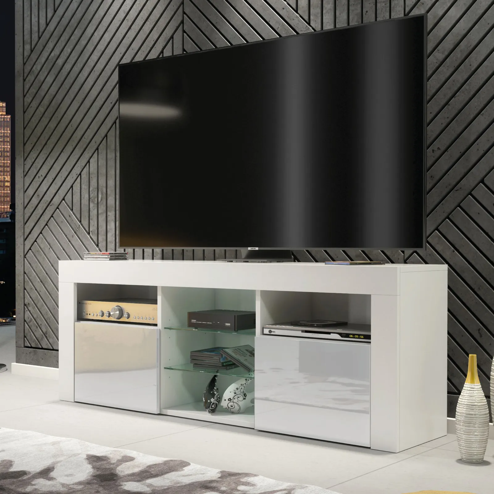Creative Furniture TV Unit 145cm Modern - White with High Gloss Grey Doors