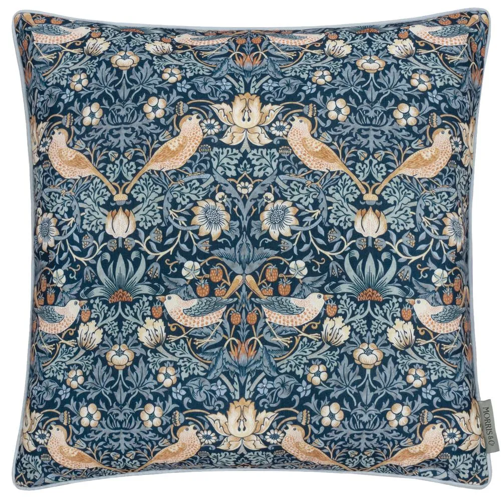 Morris & Co Strawberry Thief Piped Outdoor Cushion in Indigo 2
