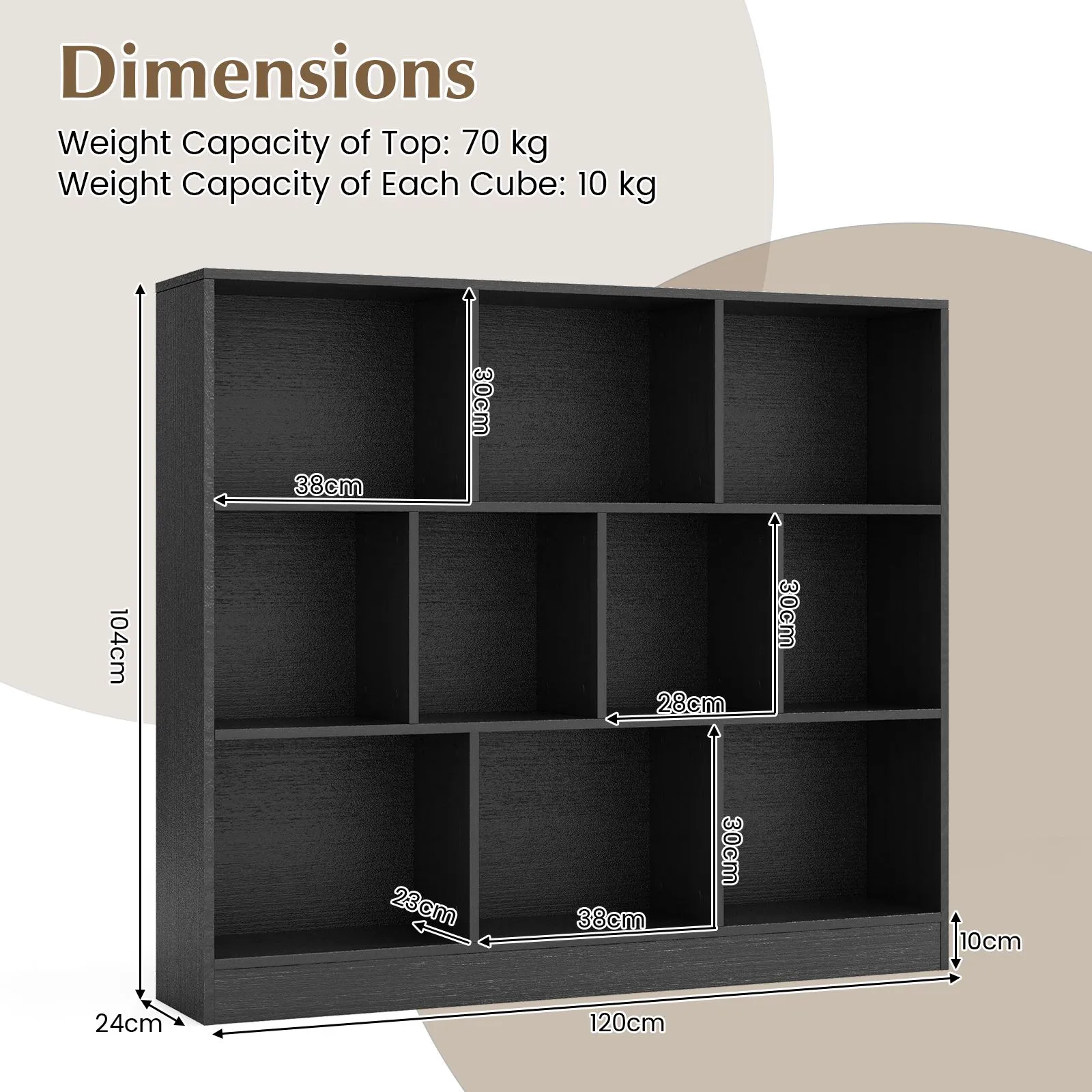 Costway 10-Cube Bookshelf 3-Tier Wood Display Shelf 120cm Storage Organizer in Black 3