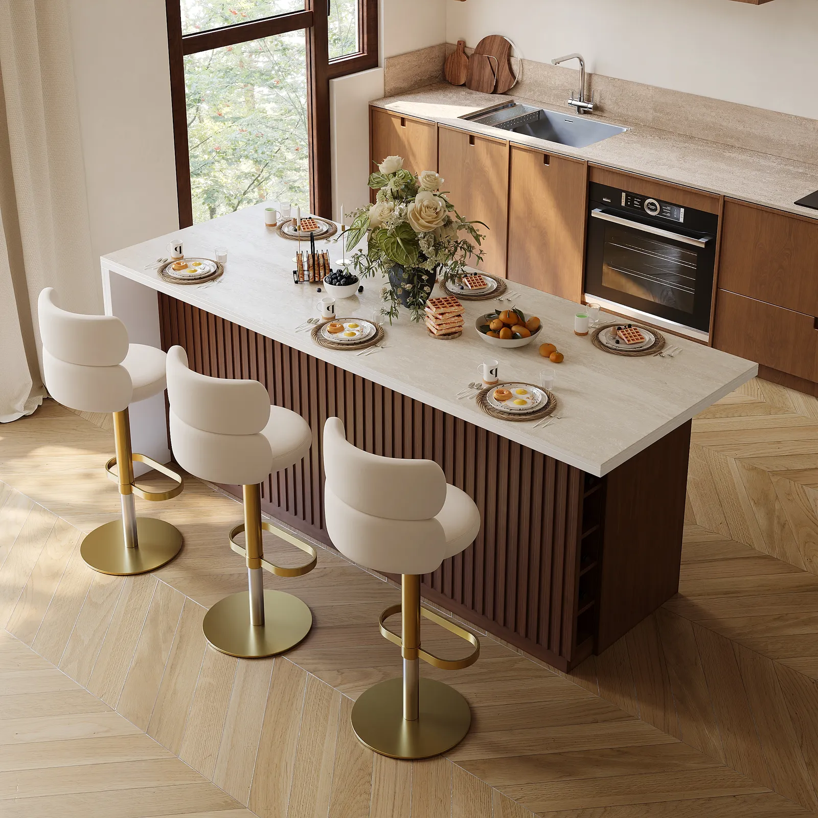 Modern 180 cm Matte Sintered Stone Kitchen Island with Storage, Walnut