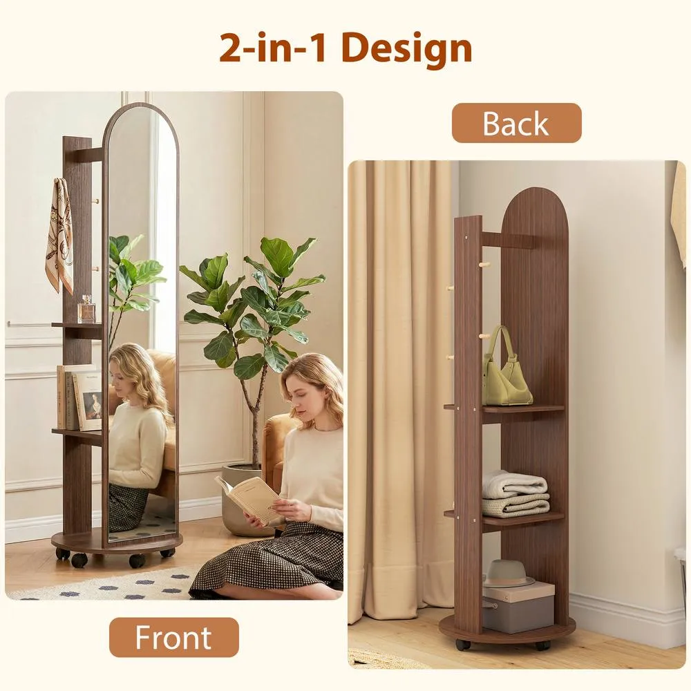 HOMCOM 2-in-1 Full Length Mirror with Shelves, 4 Wheels in Brown 4