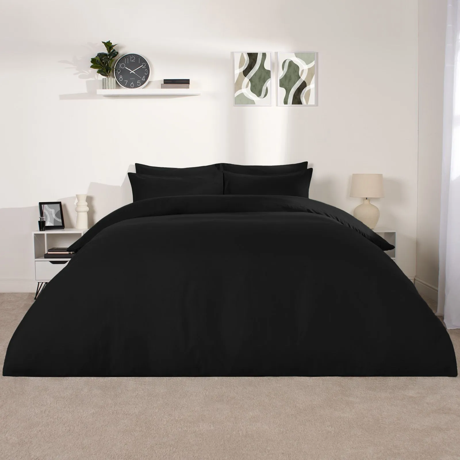 OHS Plain Dyed Duvet Cover Cover with Pillowcase Set in Black