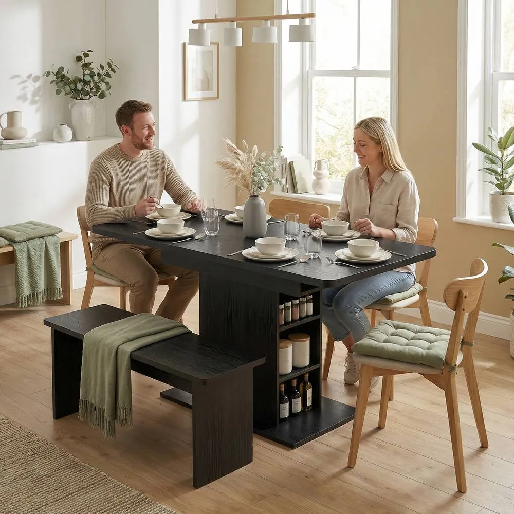 HOMCOM Extendable Dining Table for 4-6, Kitchen Table with Shelves, Black