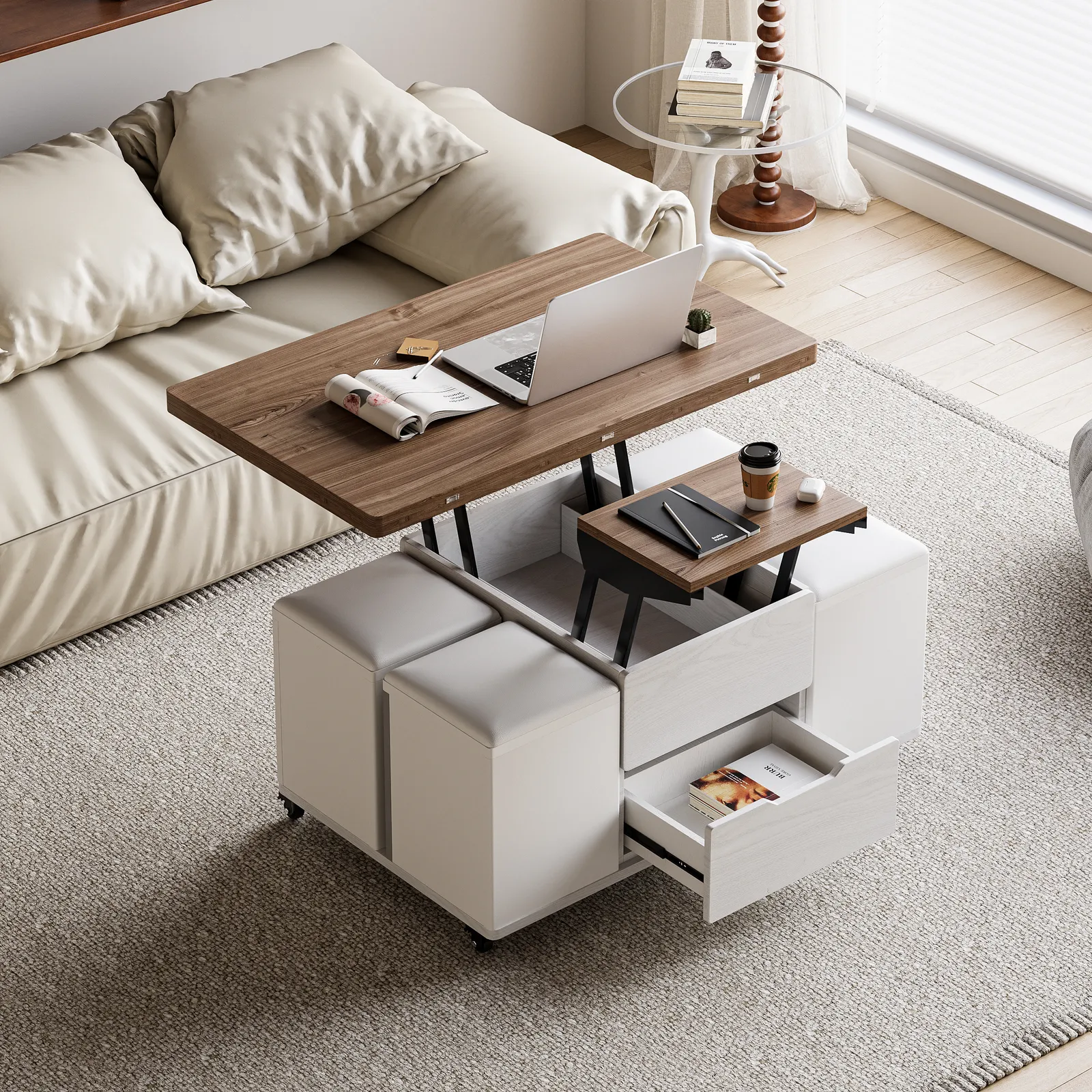 100 cm Lift-Top Foldable Walnutl & White Coffee Table with 4 Stools & Storage