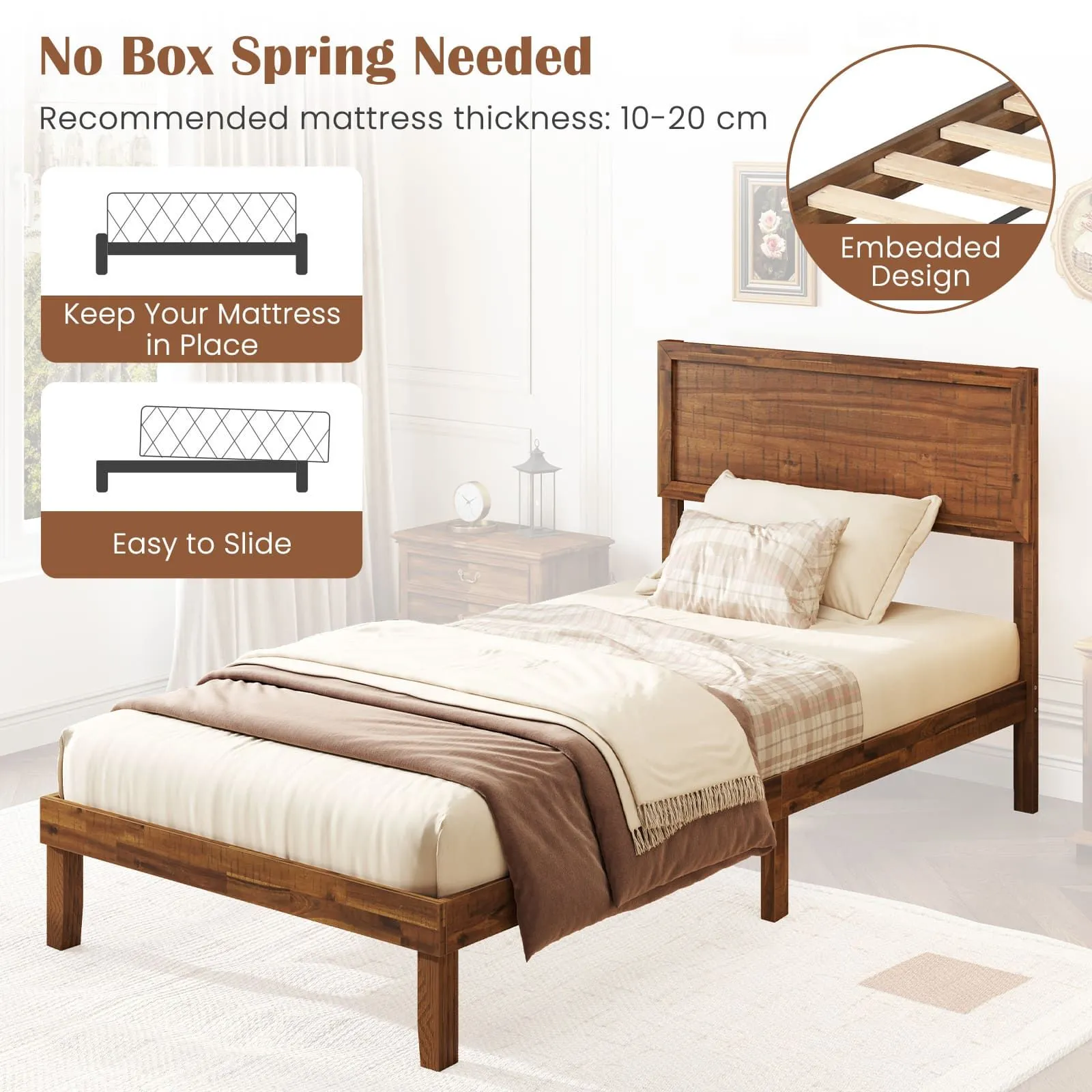 Costway Single Size Bed Frame Acacia Wood Platform Bed w/ Headboard in Walnut 6