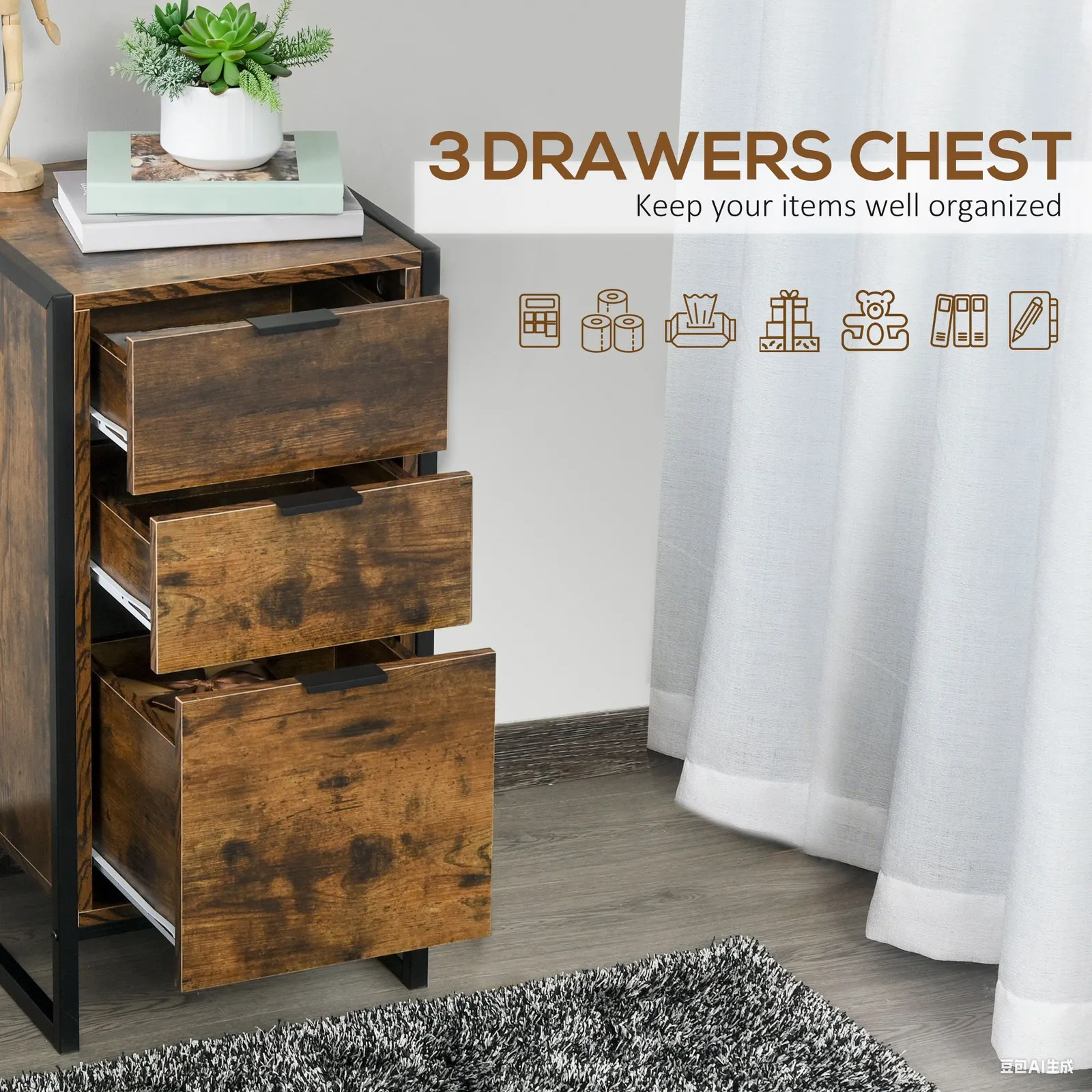 HOMCOM Industrial 3-Drawer Bedroom Chest of Drawers with Metal Frame in Brown 6