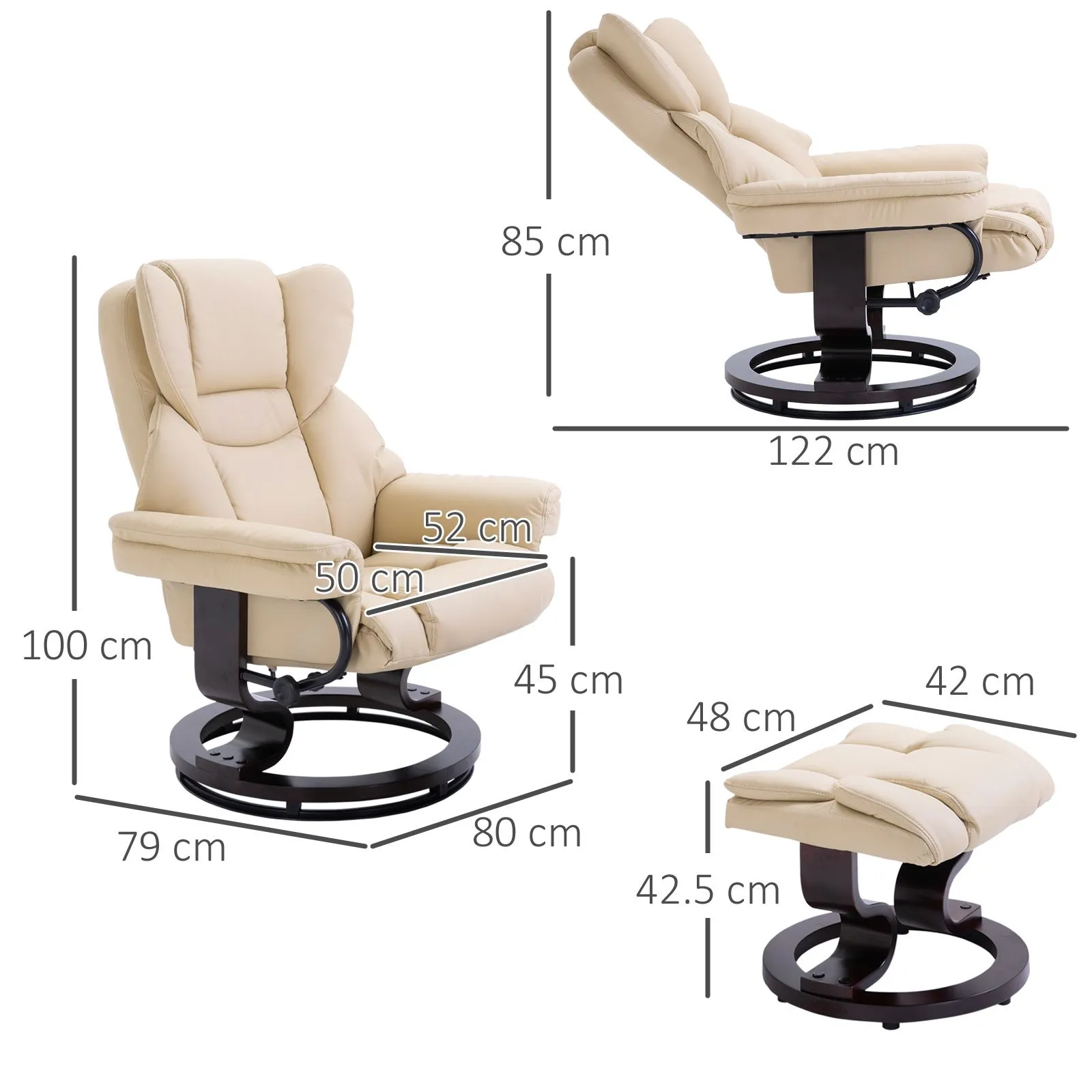 HOMCOM Padded PU Leather Manual Reclining Armchair Sofa Chair w/ Footstool in Cream 3