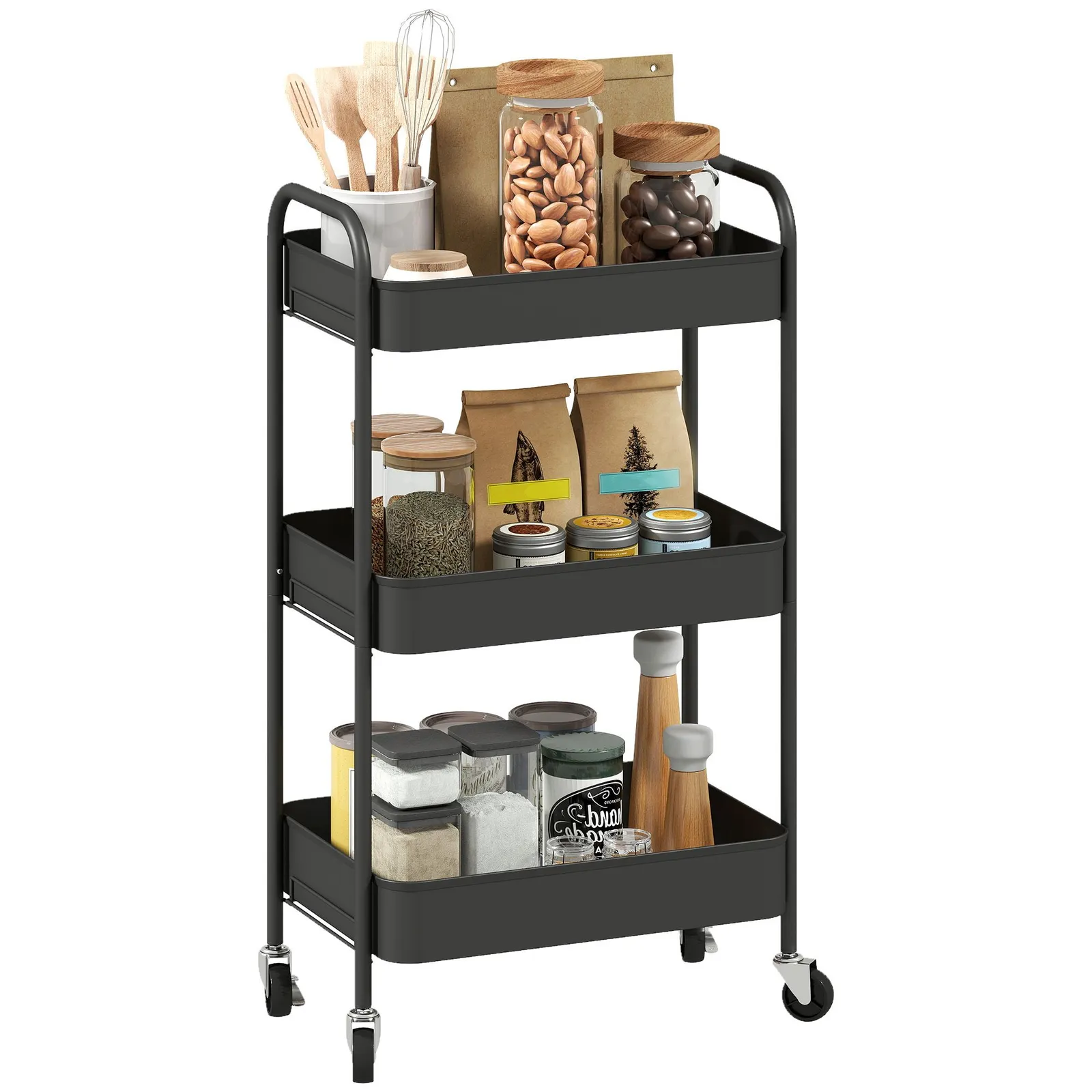 HOMCOM 3 Tier Rolling Utility Cart with 3 Mesh Basket in Black 2