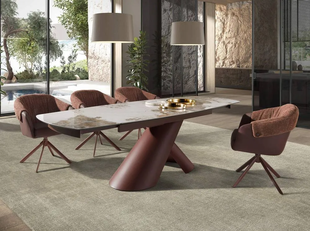 Angel Cerda Extendable Barrel Porcelain Dining Table with Steel Legs in White 3