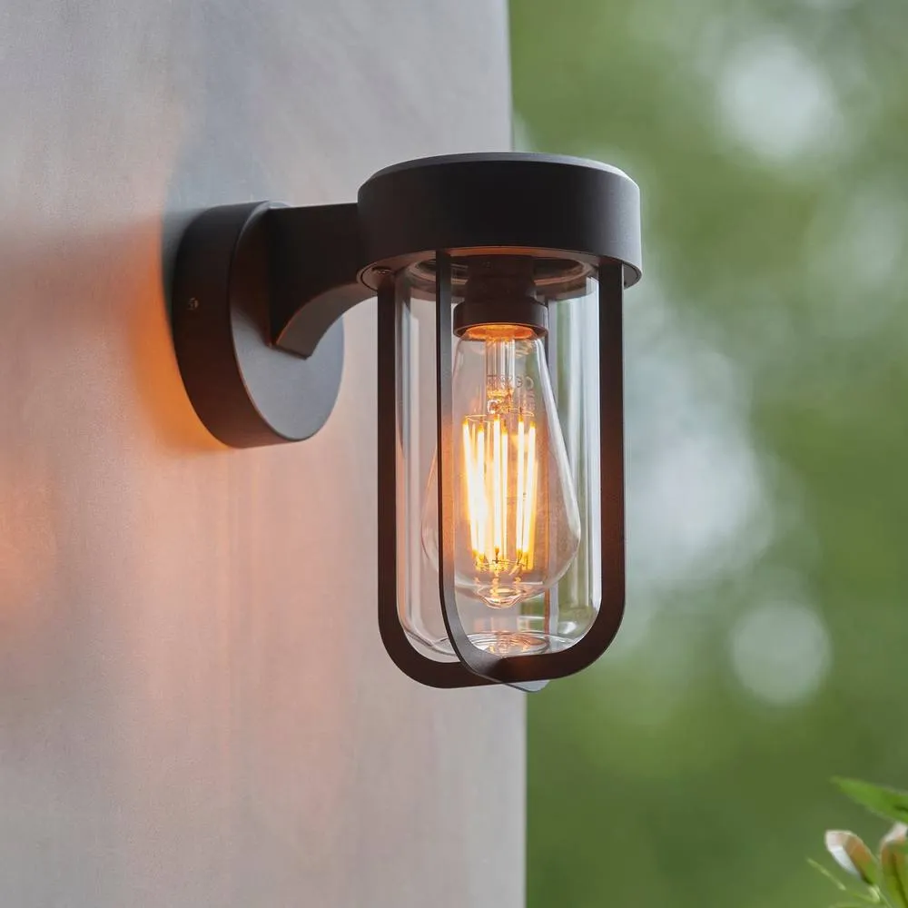 Netlighting Lucca Outdoor Modern Wall Lamp Textured Black & Clear Glass E27 4
