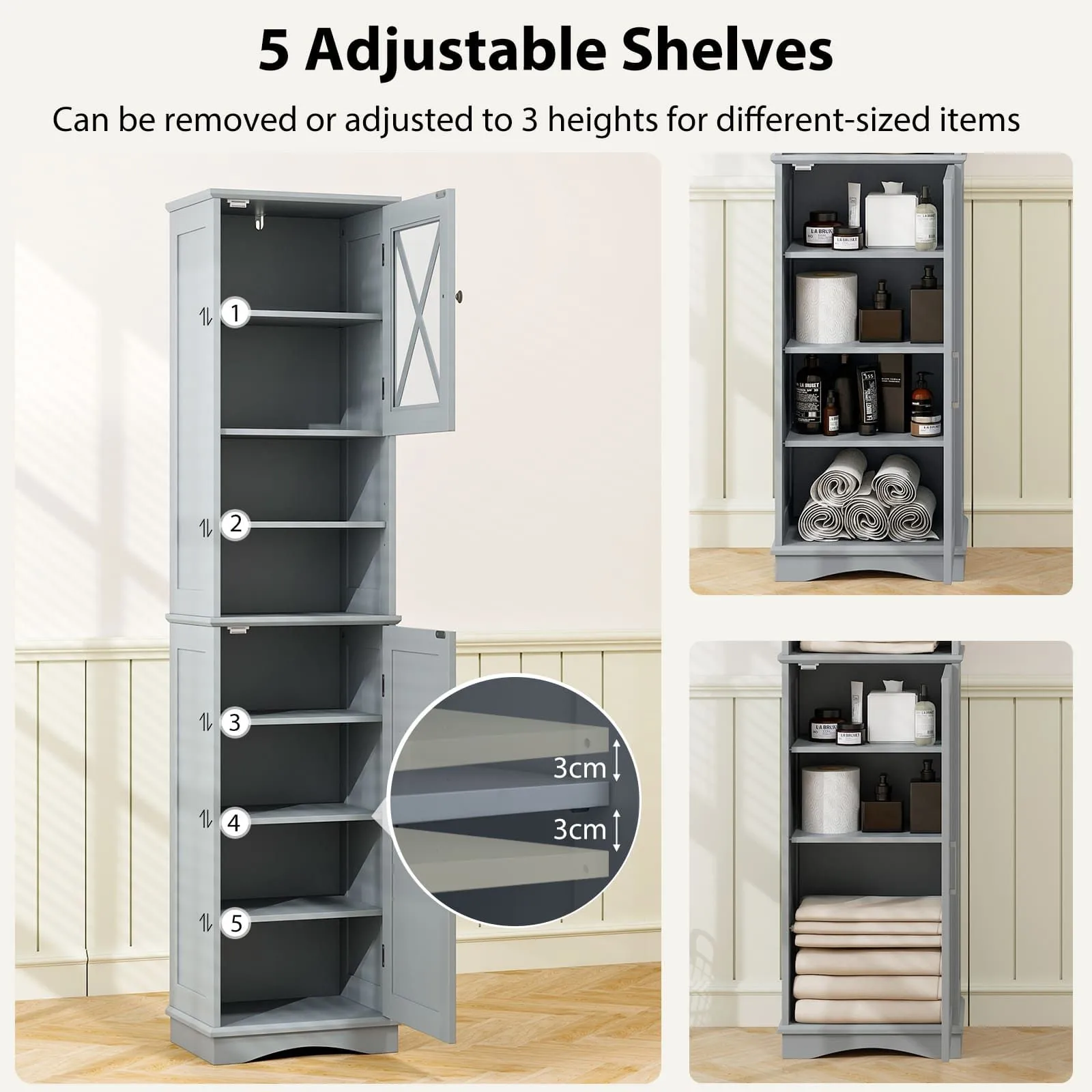 Costway 67" Tall Bathroom Cabinet Freestanding Storage Cabinet-Grey in Grey 4