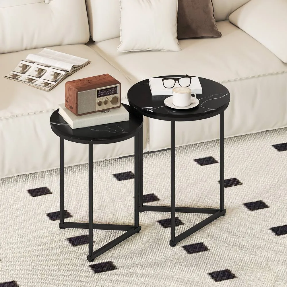 HOMCOM Nesting Coffee Table Set of 2 with Metal Frame, Black Marble Effect