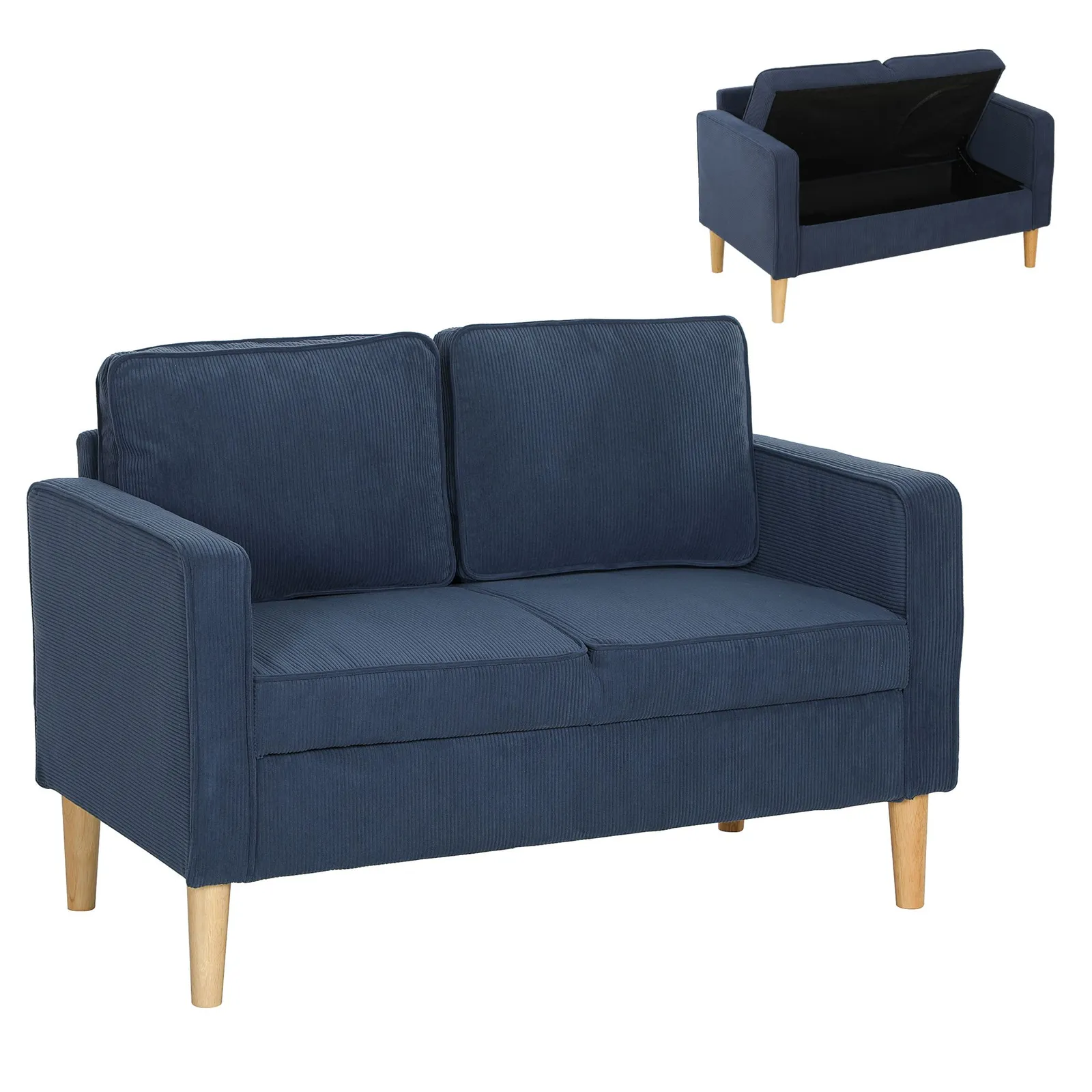 HOMCOM Compact 2 Seater Sofa with Under Seat Storage for Small Spaces in Blue 2