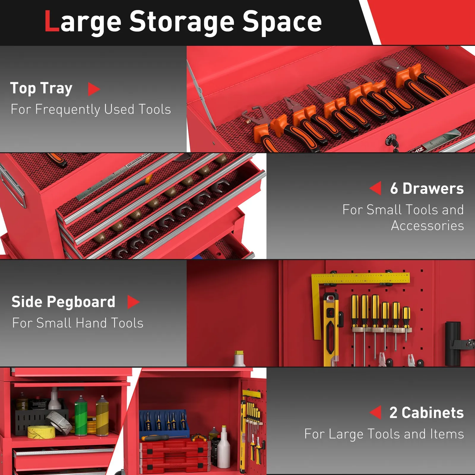 HOMCOM Tool Cabinet with 6 Drawers, 3-in-1 Rolling Tool Chest with Wheels in Red 4
