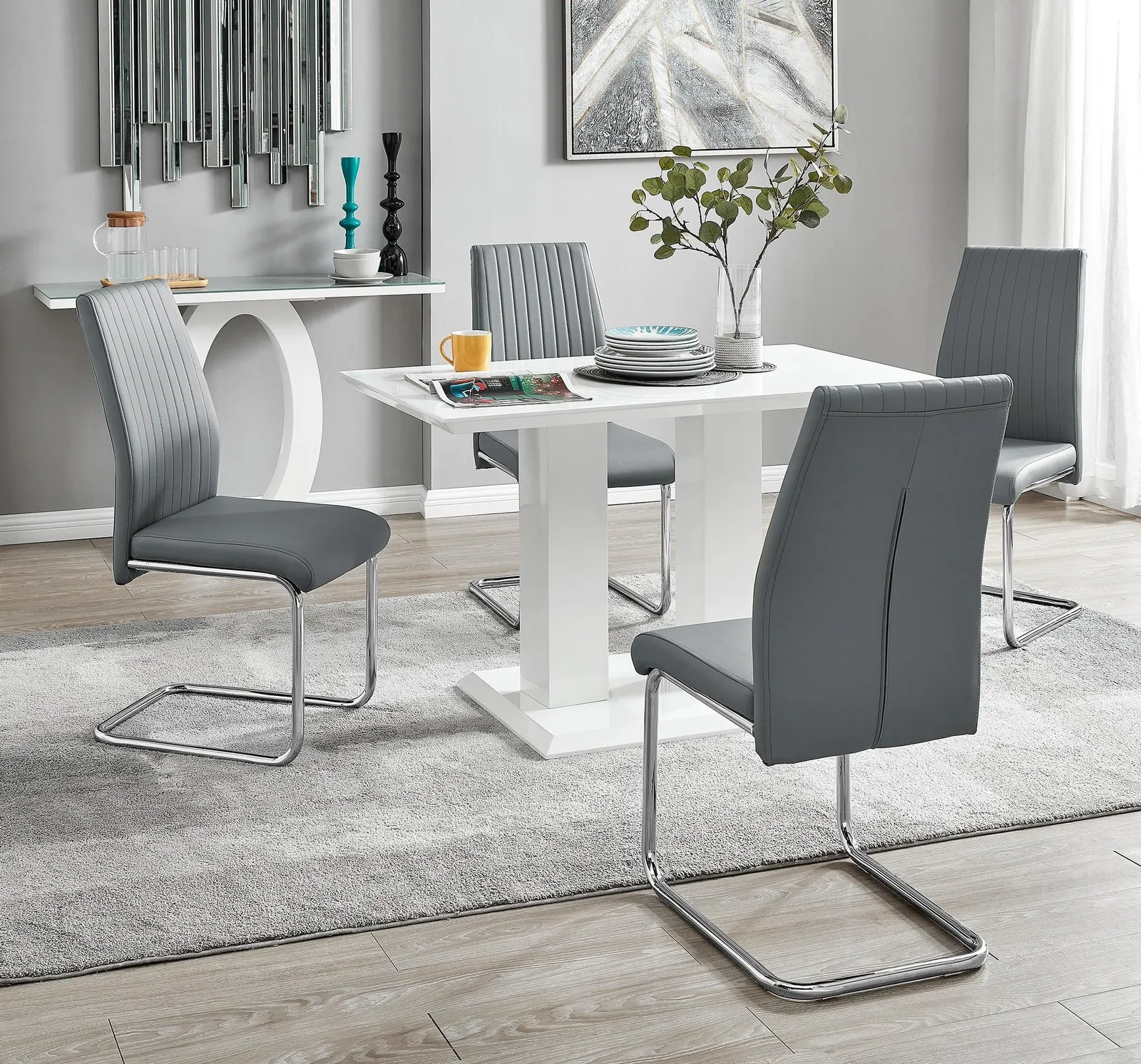 FurnitureboxUK Imperia 4 Seater Modern White High Gloss Rectangular Dining Table & 4 Lorenzo Faux Leather Chairs in Grey 1