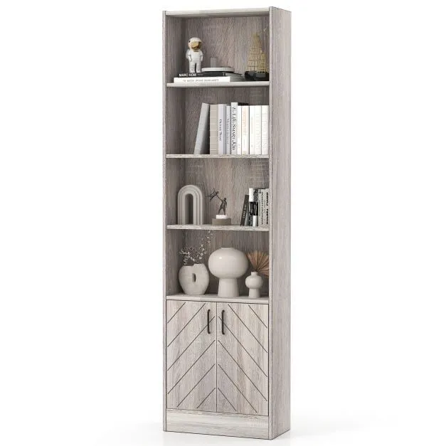 Costway 6-Tier Bookshelf 180cm Tall Bookcase w/4 Open Cubes & Double Doors Grey 2