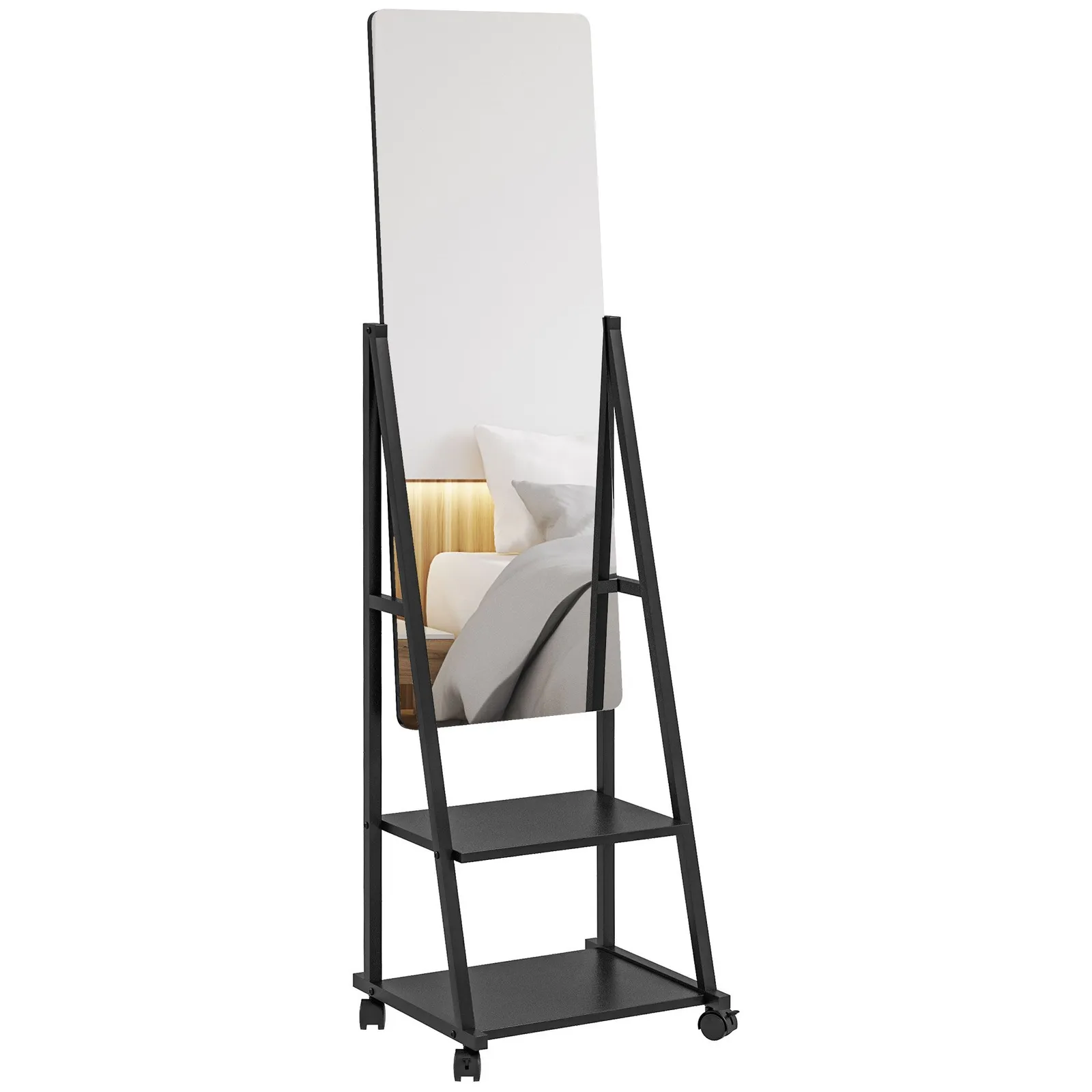 HOMCOM Movable Full Length Mirror Adjustable Full Body Mirror with 2 Shelves in Black 2