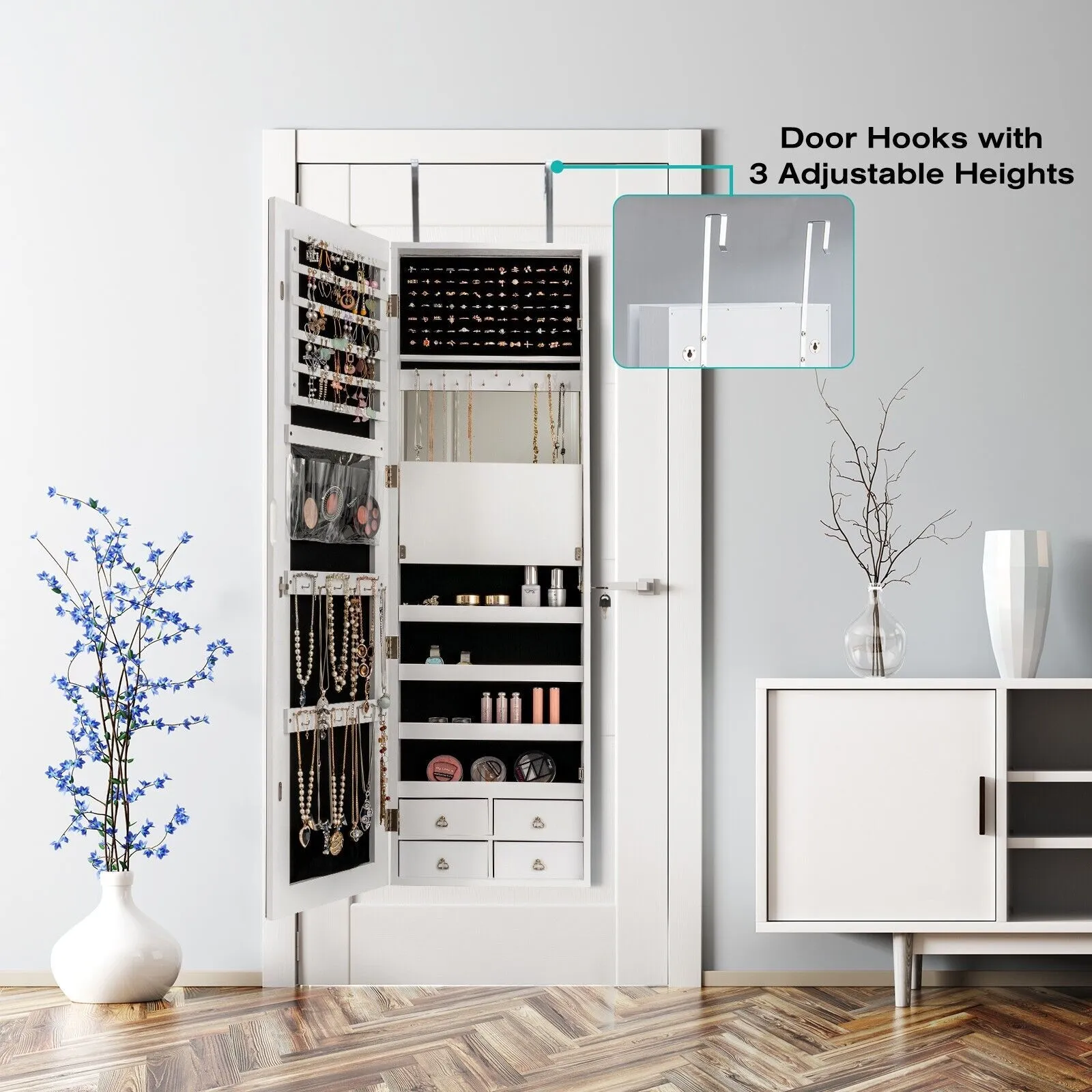 Costway Full-length Mirror Jewelry Cabinet Wall/Door Mounted Jewelry Armoire LED Lighted in White 4