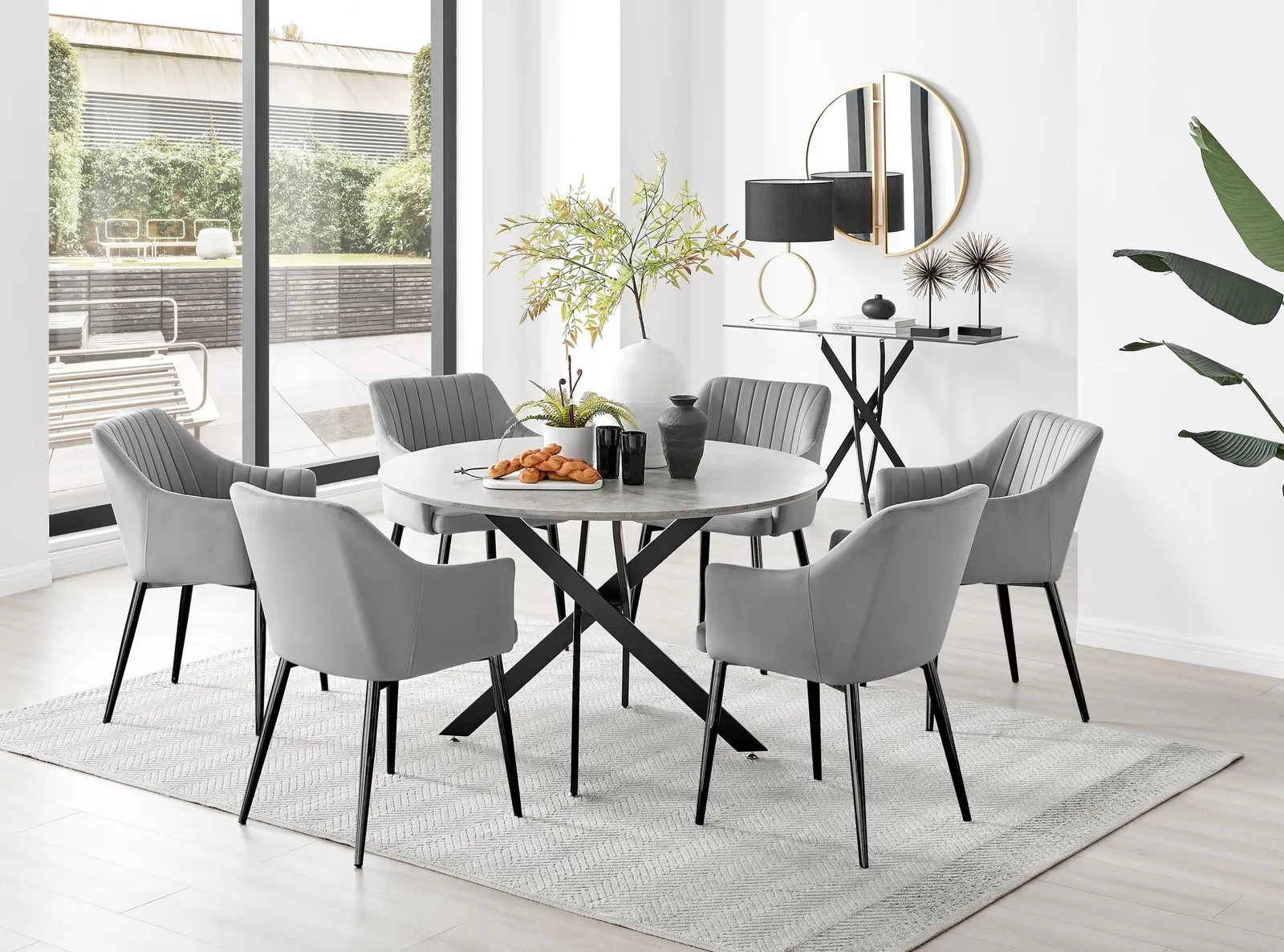 FurnitureboxUK Novara Grey Concrete Effect Black Leg 120cm Round Dining Table & 6 Calla Black Leg Chairs 1