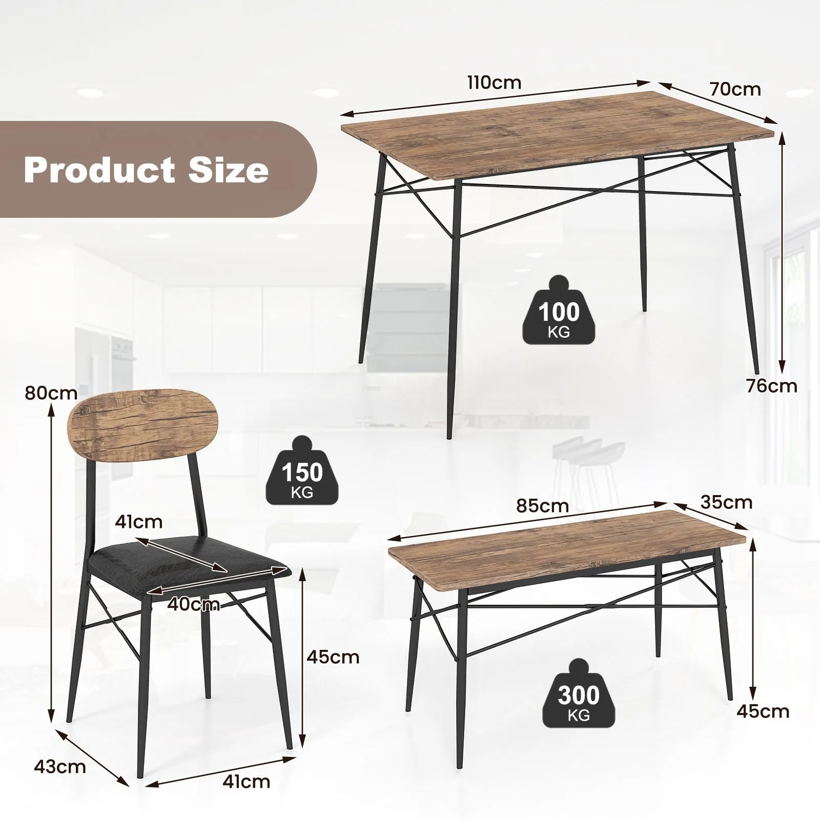 Costway 4 Pcs Dining Table Set Rectangular Kitchen Table w/ Bench & 2 Upholstered Chairs in Brown 6