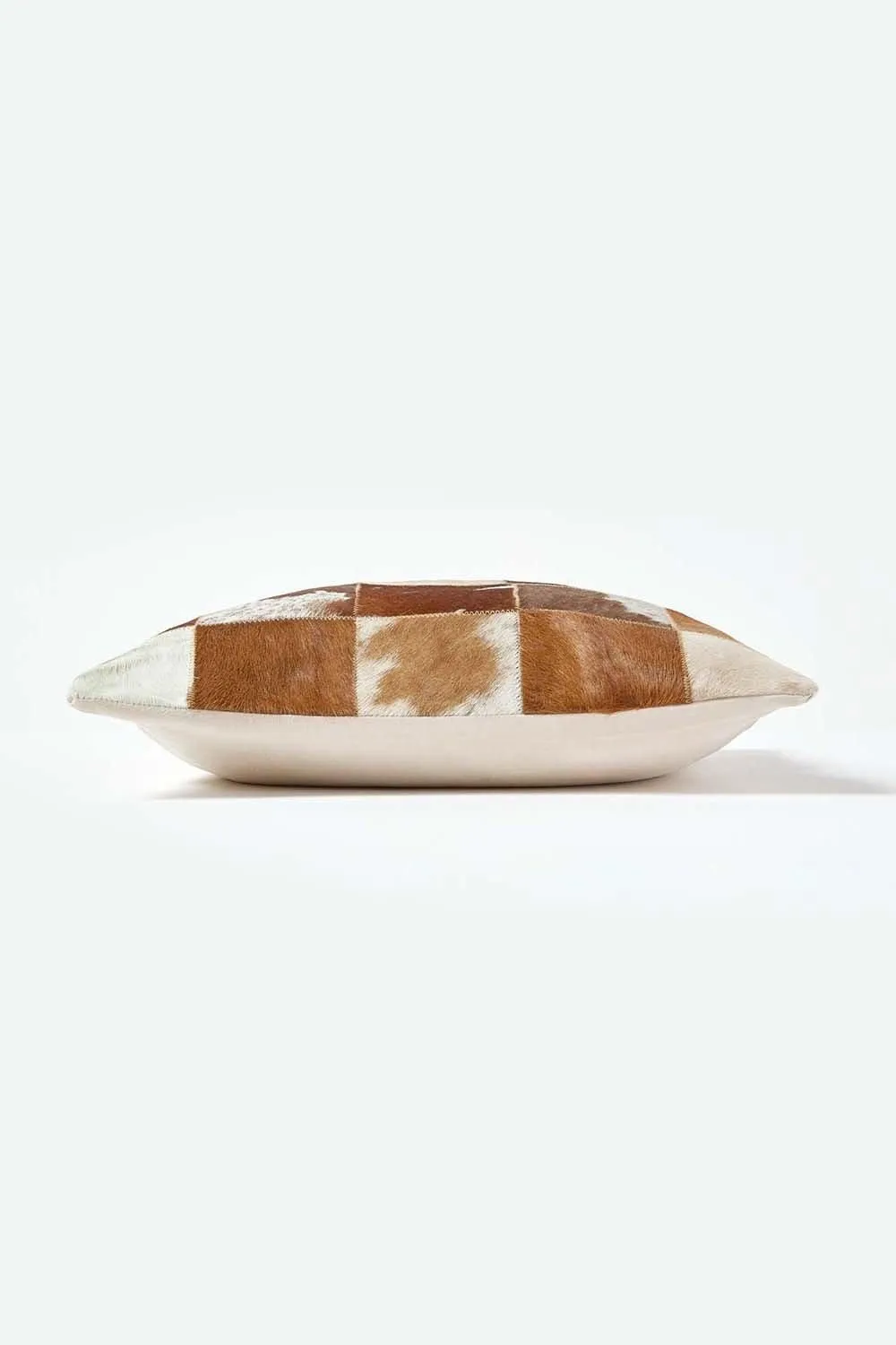 Homescapes Beige & Cream Real Leather & Goat Hair Small Check Cushion with Feather Filling 2