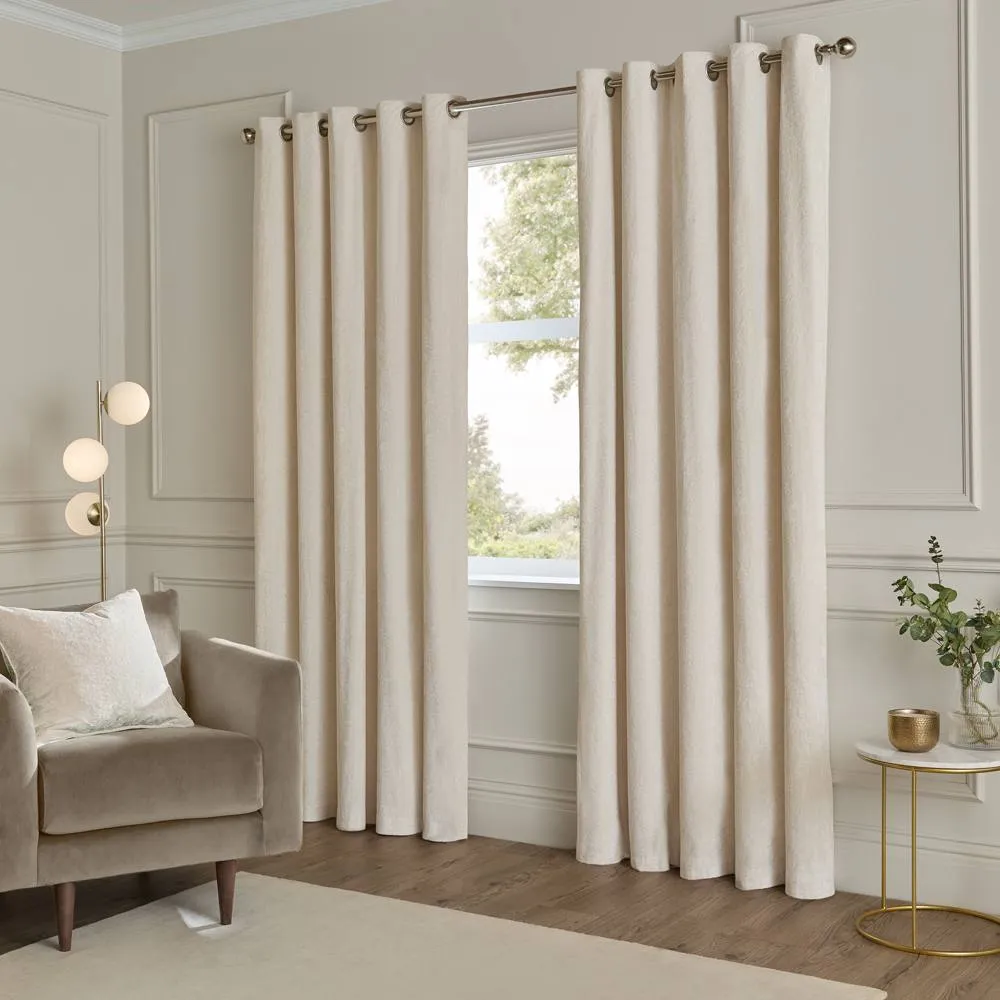 Paoletti Lustre Velvet Fully Lined Eyelet Curtain Pair in Off-White 2