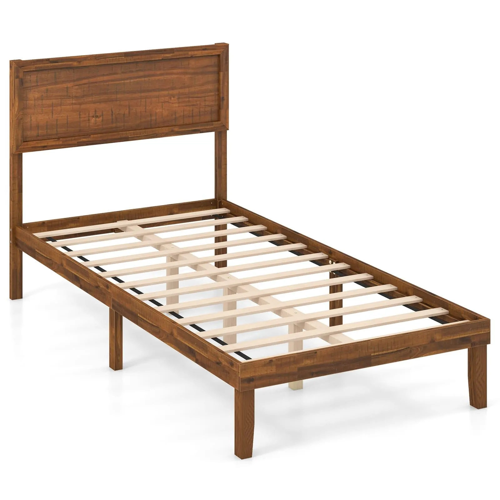Costway Single Size Bed Frame Acacia Wood Platform Bed w/ Headboard in Walnut