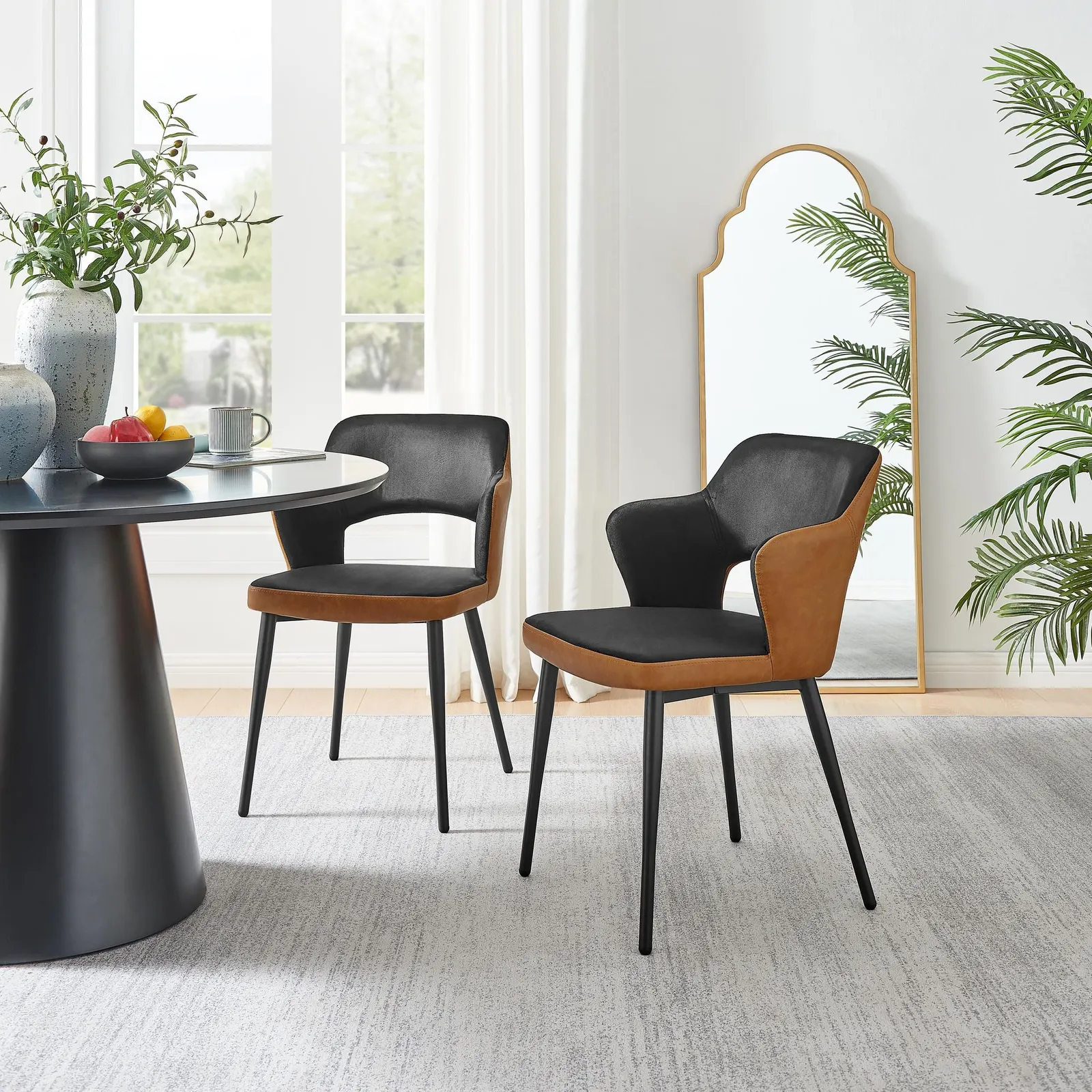 FurnitureboxUK Kai 2x Black Velvet Tan Faux Leather Black Leg Dining Chair 2
