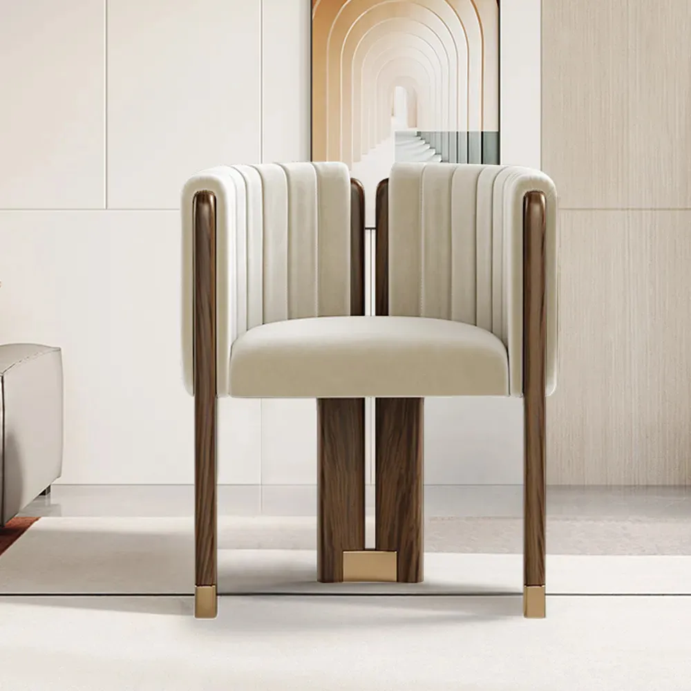 Modern Wood Accent Chair Beige Velvet Upholstered Arm Chair Set of 2