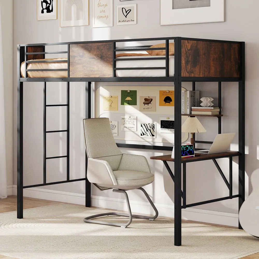 Costway Loft Bed Single Size w/ Desk & Shelf Metal Bedframe w/Safety Guardrail in Brown