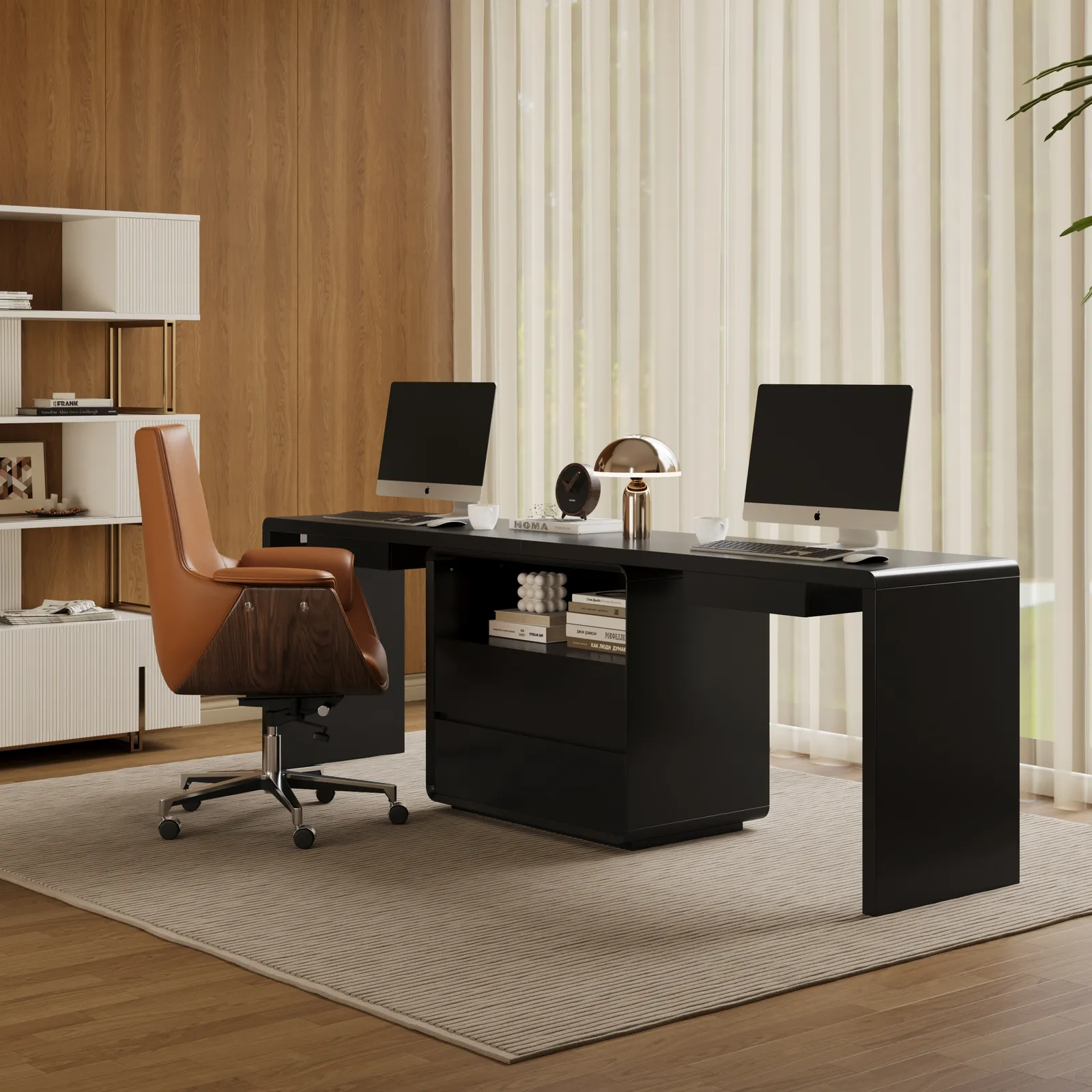 2-Person Double Computer Desk Modern Black Retangular Office Desk with 4 Drawers & 1 Cabinet (2400mm )