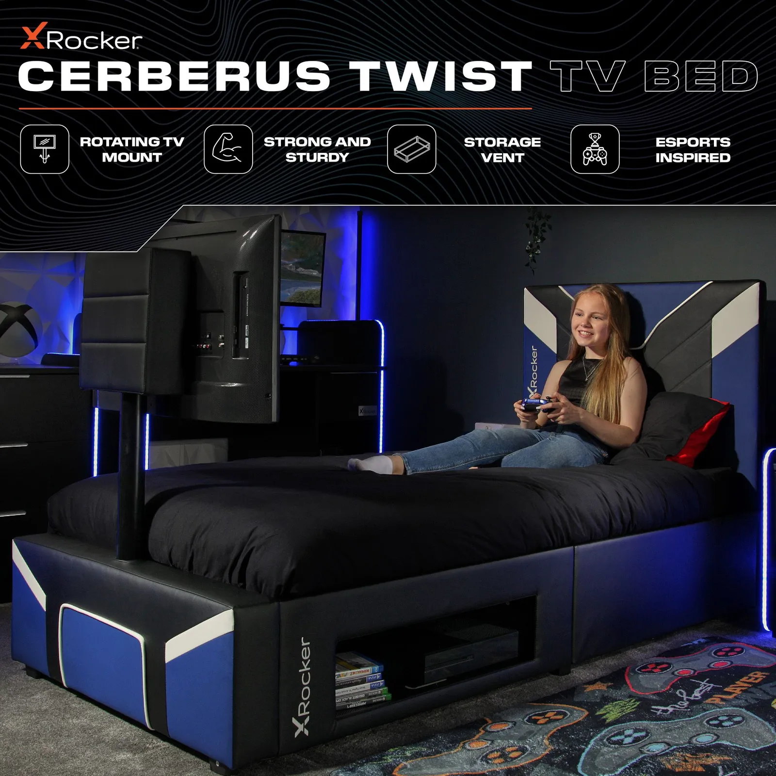 X Rocker Cerberus Twist TV Bed with Underbed Storage, Upholstered, up to 40" TV in Blue 2