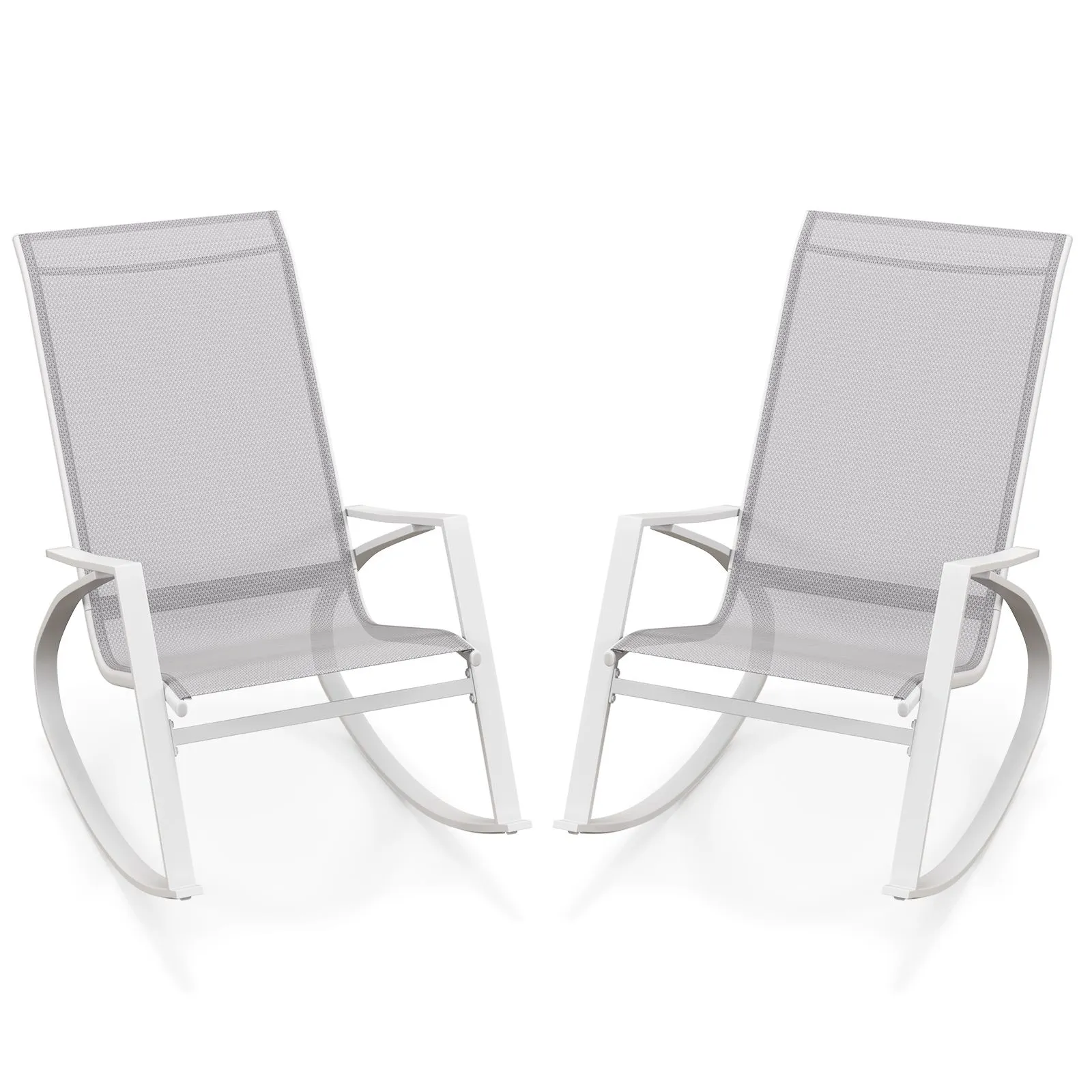 Costway 2 Pieces Patio Rocking Chairs Outdoor Sling Fabric Rockers with Backrest in Grey