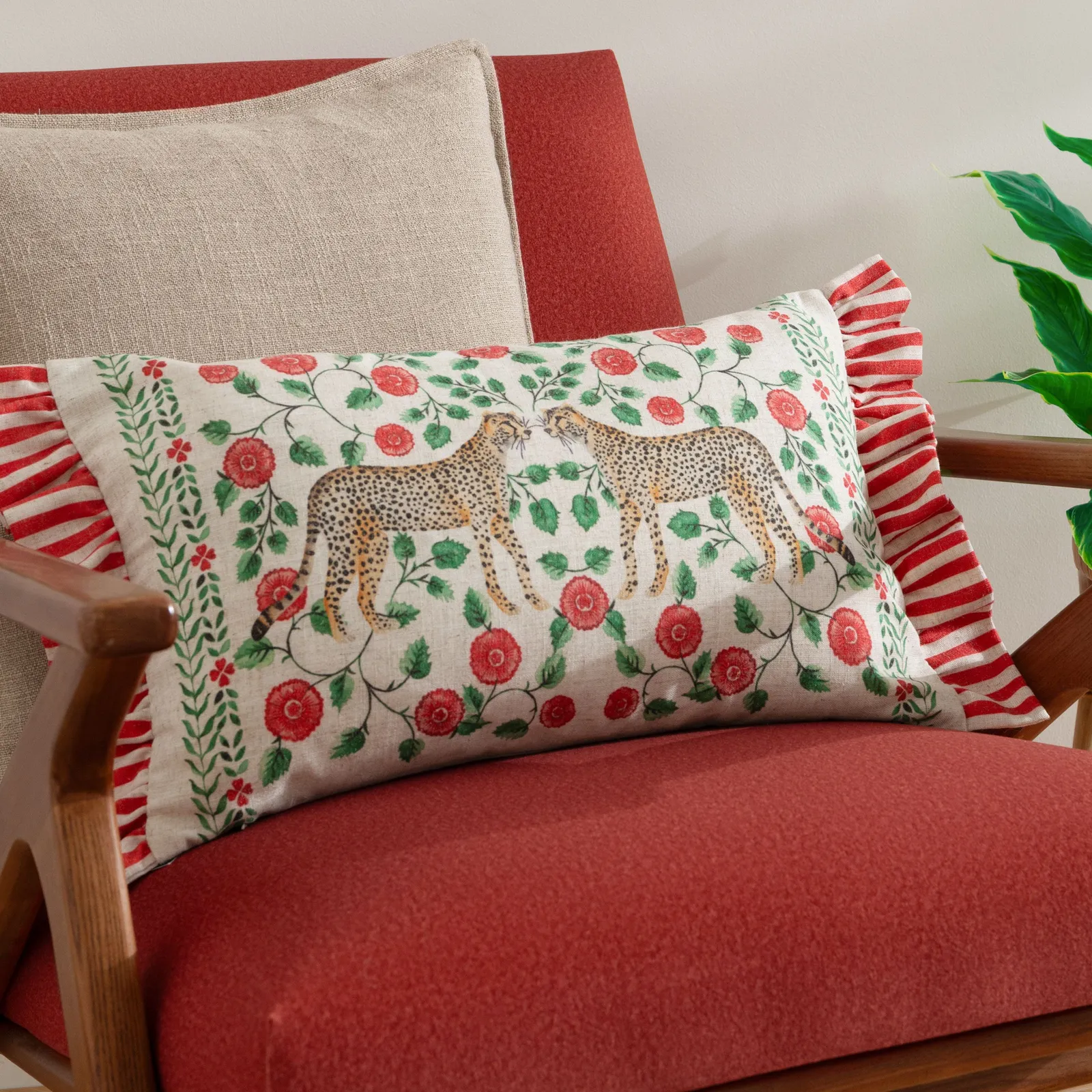 Wylder Tropics Okara Leopards Printed Ruffle Cushion in Red