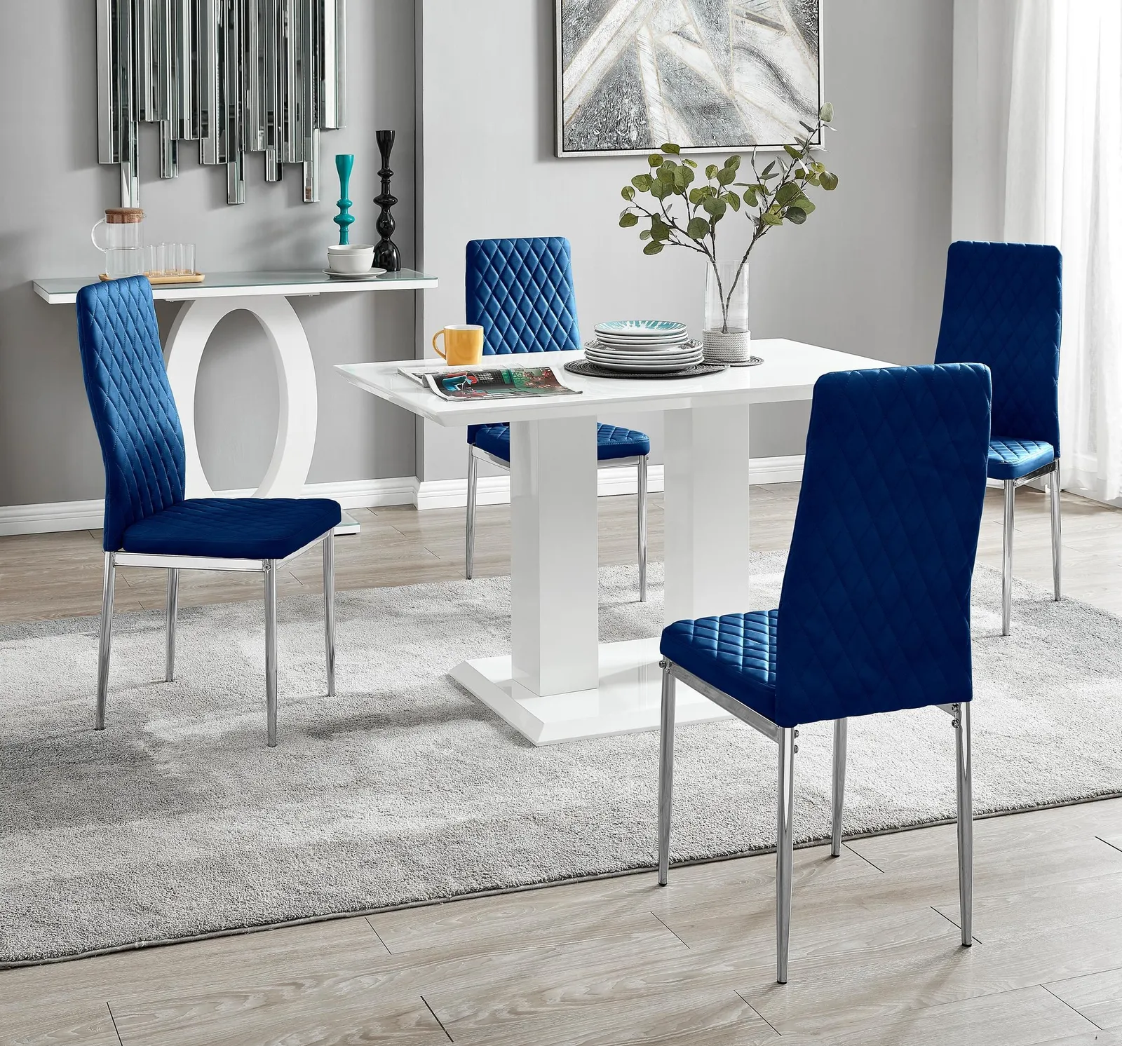FurnitureboxUK Imperia 4 Seater Modern White High Gloss Rectangular Dining Table & 4 Milan Velvet Chairs in Navy