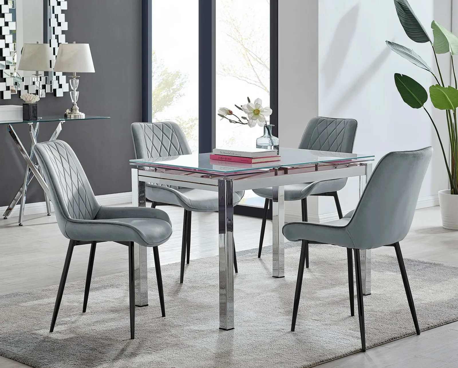 FurnitureboxUK Enna White Glass Extending 4-6 Seater Dining Table & 4 Pesaro Soft Velvet Chairs in Grey 1