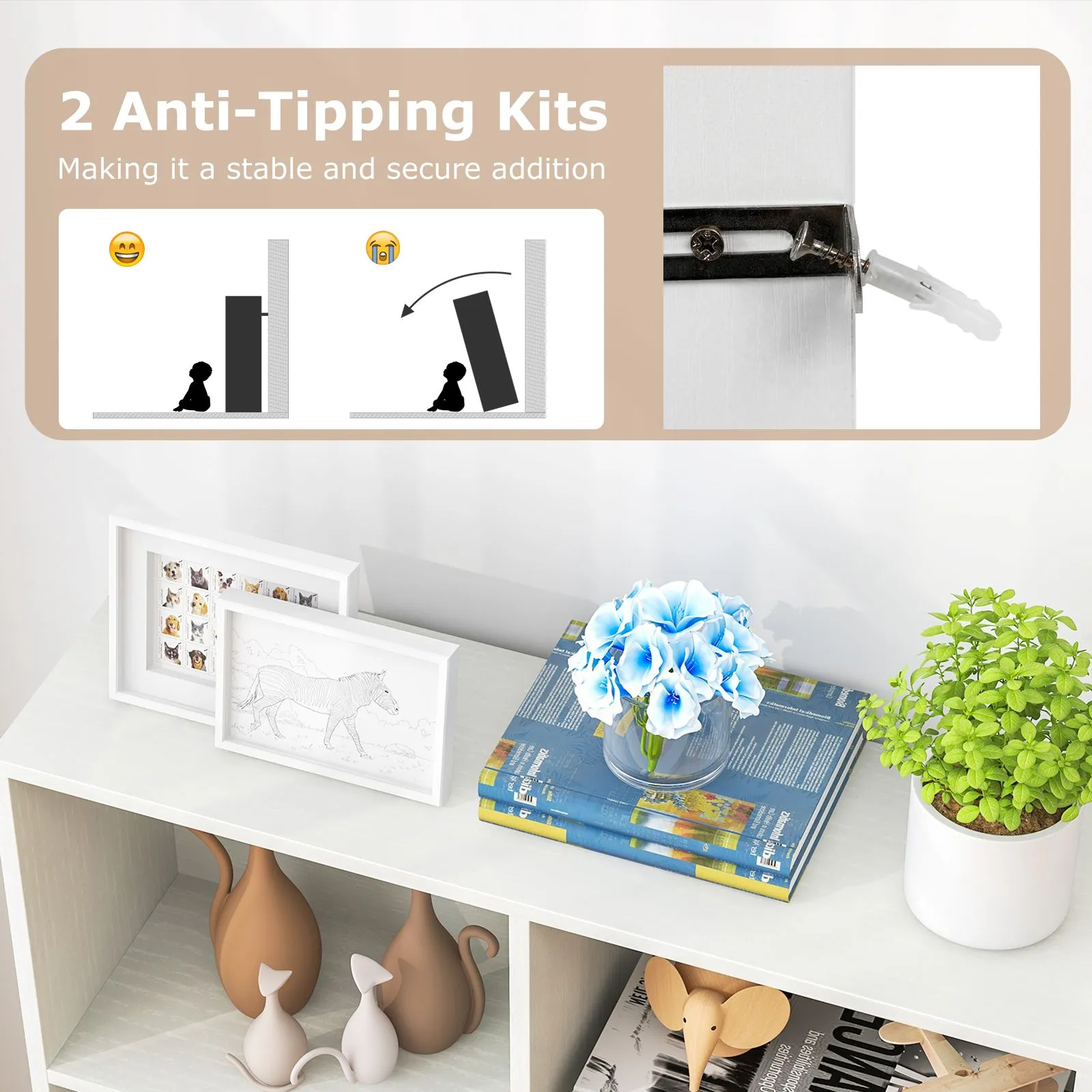 Costway 7-Cube Bookshelf 3-Tier Cubby Storage Organizer Wooden Cube Bookcase in White 6