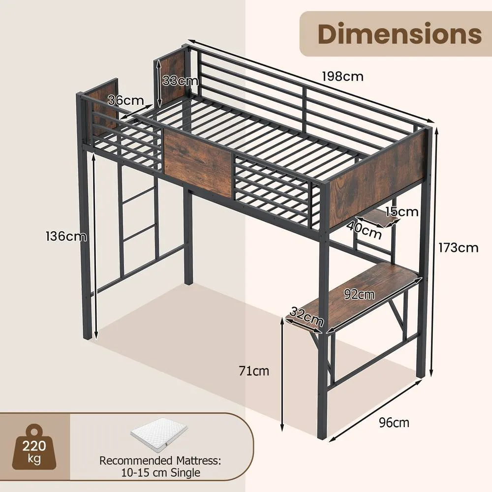 Costway Loft Bed Single Size w/ Desk & Shelf Metal Bedframe w/Safety Guardrail in Brown 3